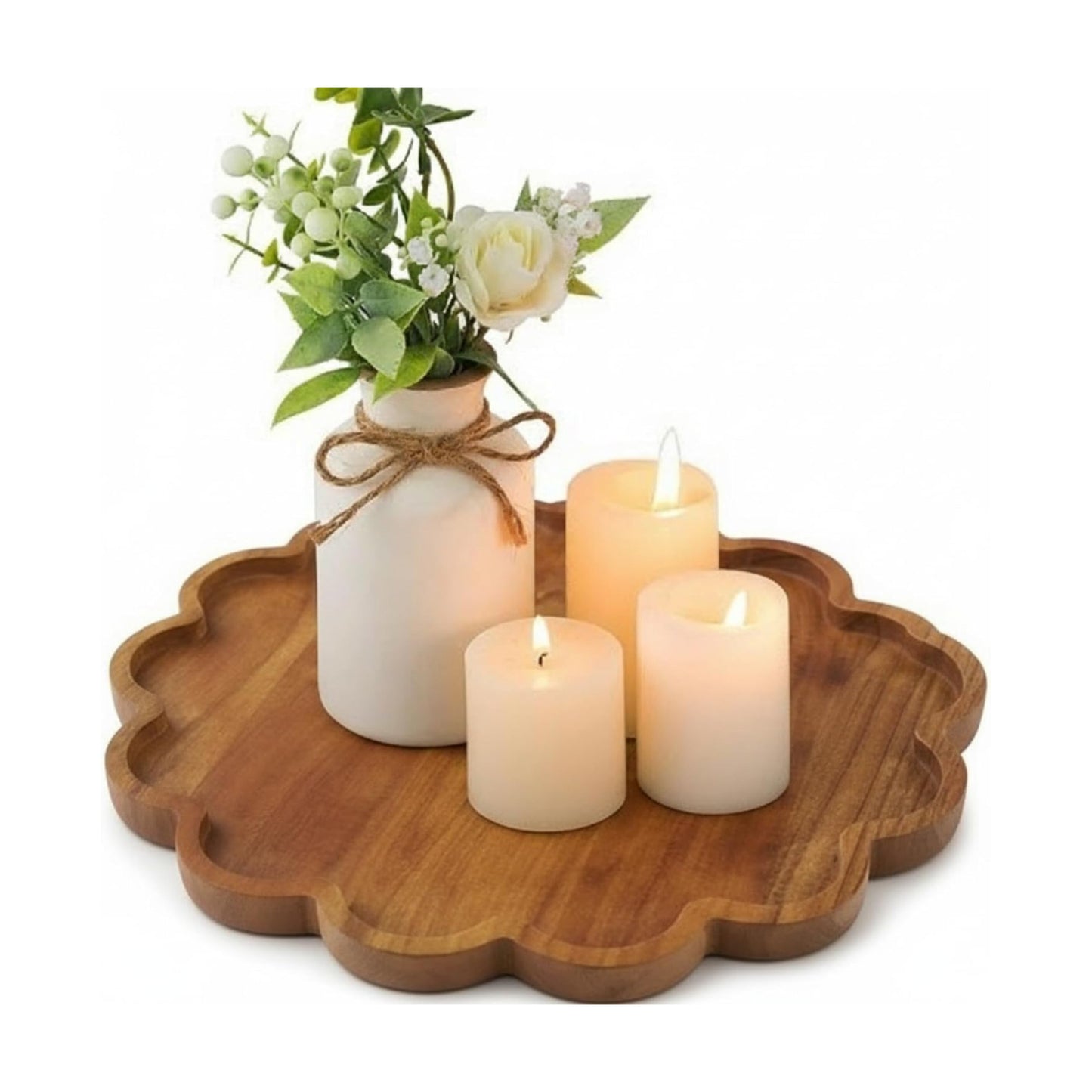 Decorative Serving Tray Wood Scalloped Serving Tray Round Wooden Display Plate / Brown / 12.6 Inch