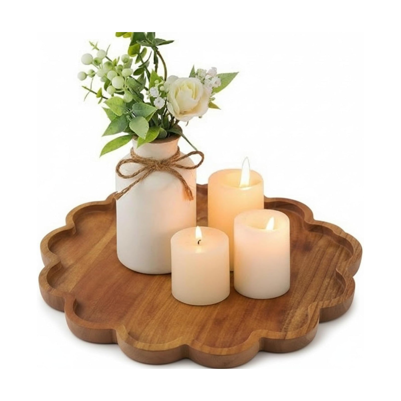 Decorative Serving Tray Wood Scalloped Serving Tray Round Wooden Display Plate / Brown / 12.6 Inch