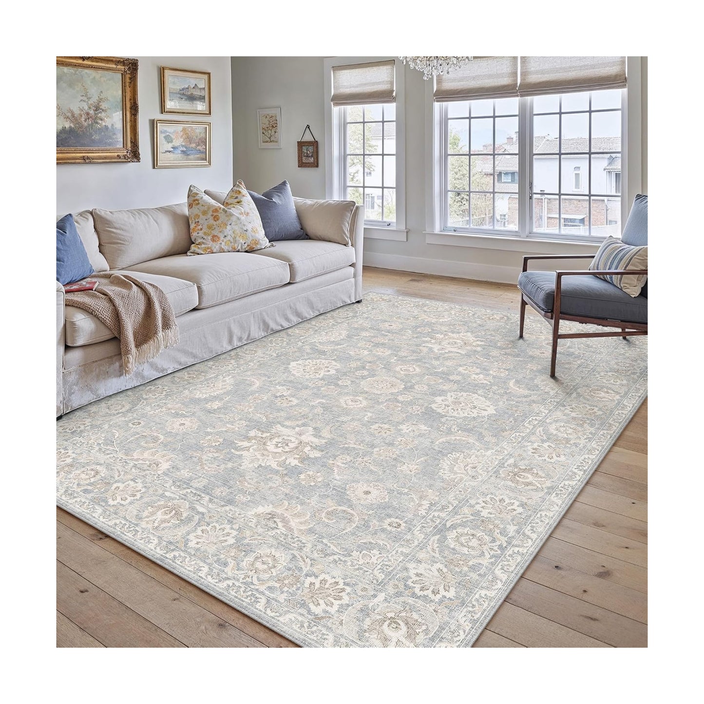 5x7 Blue Cream Neutral Area Rug