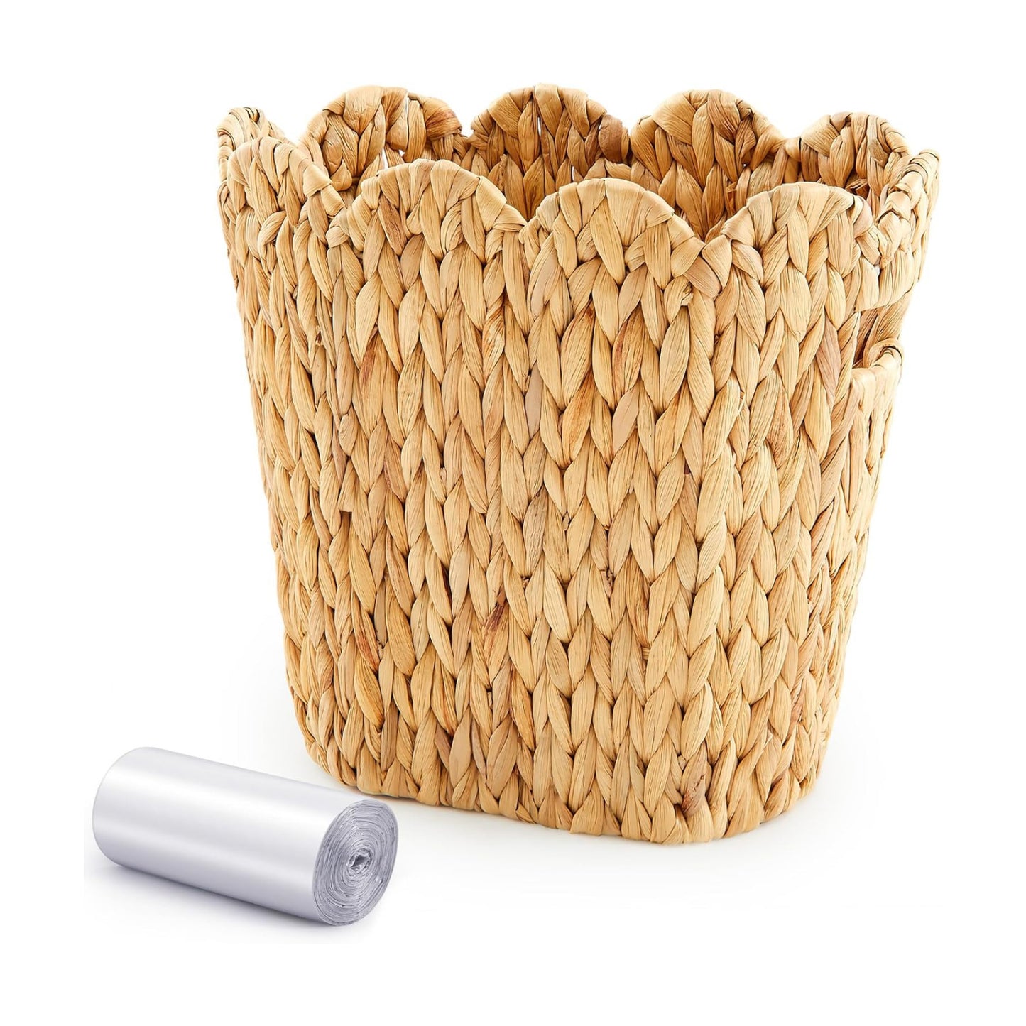 3.9 Gallons Scallop Shaped Woven Trash Can Wicker Waste Basket / Oval Scallop / 11.8 x 7 x 11
