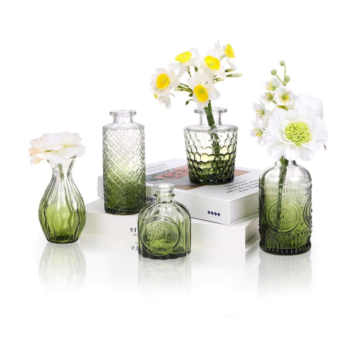 Glass Bud Vase Set / Green / Set of 5