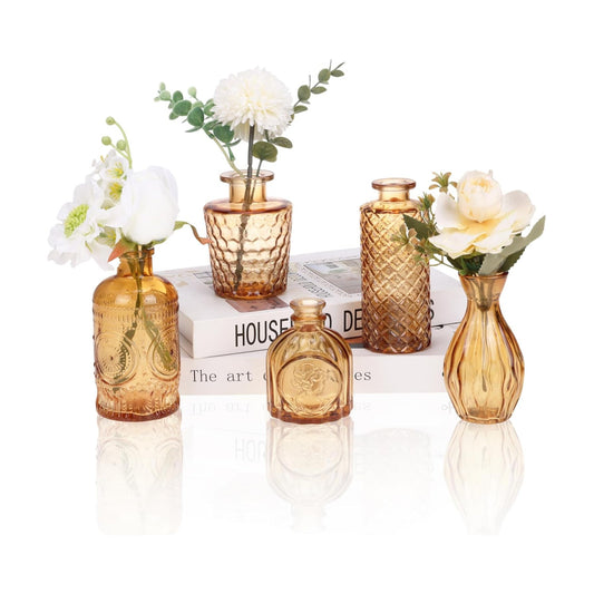 Glass Bud Vase Set / Amber / Gold / Set of 5