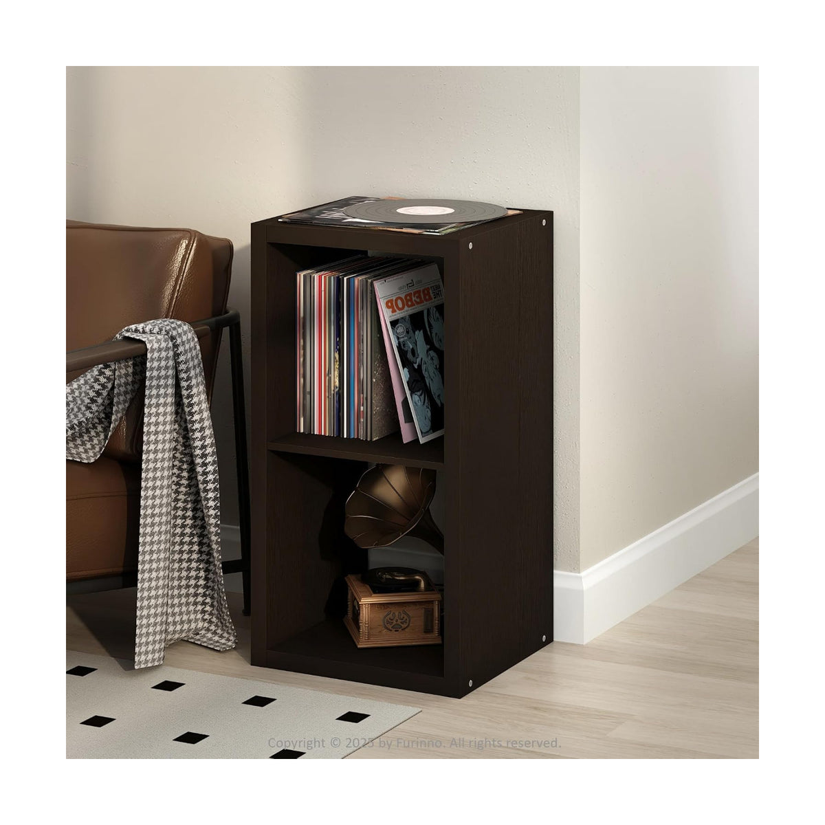 Furinno Cubicle Record Player Stand, 2-Cube Record Storage, Dark Oak | Vinyl Storage, 1.2"Inch Extra Thick, Open Back