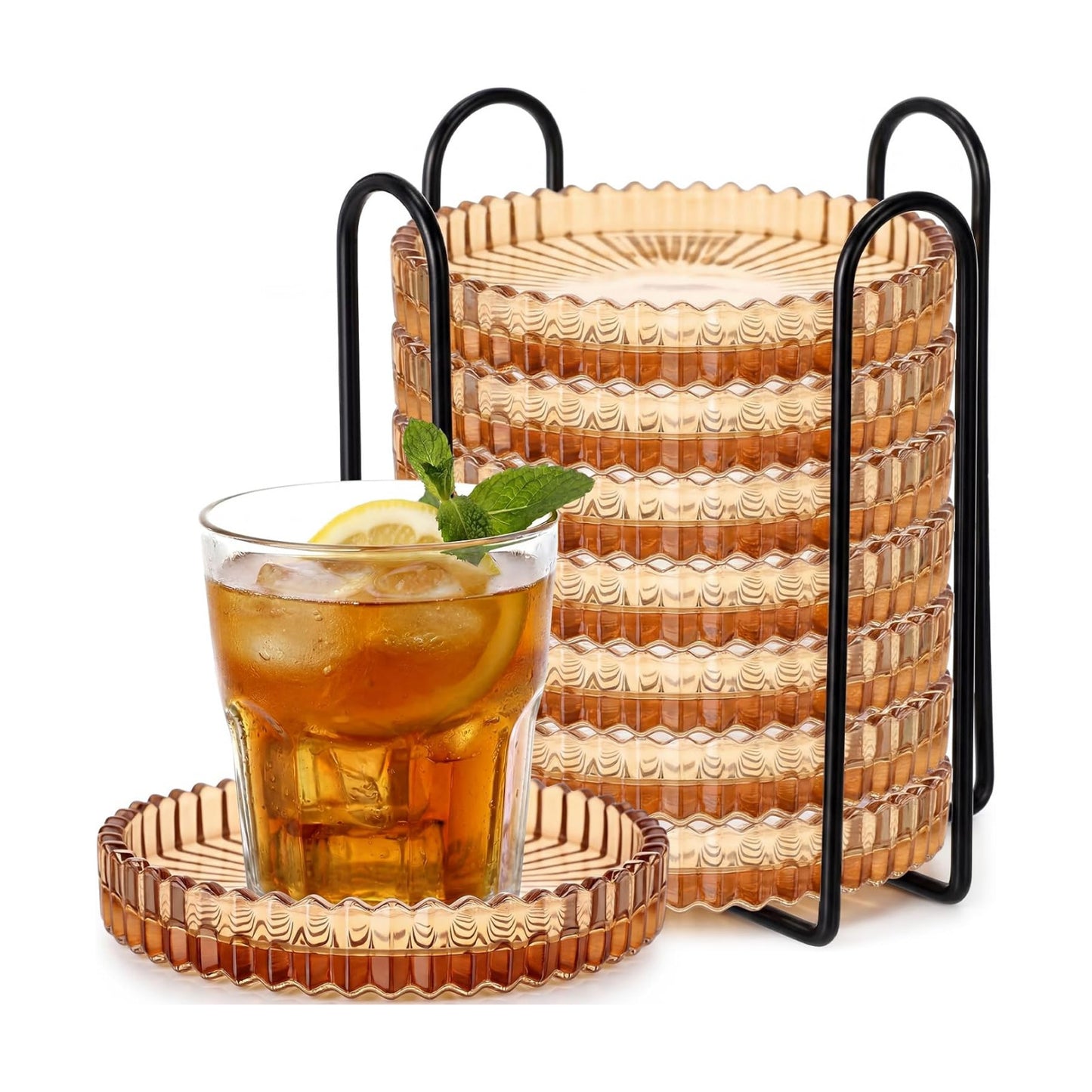 Holder Drink Coasters Crystal Round Beverage Cup Mats Candle Holder Tray / Amber / Clear / Set of 8