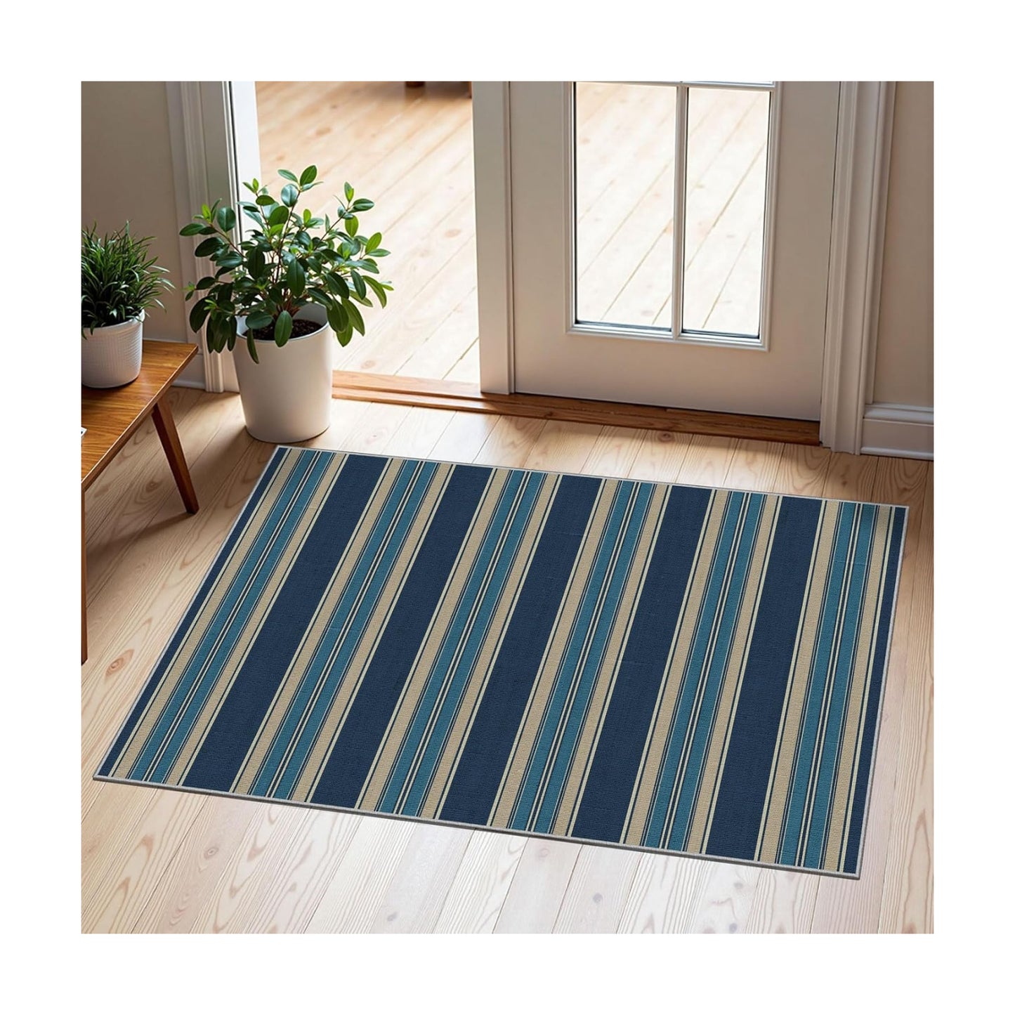 Front Door Mat Outside Entrance, 2x3 Navy Blue Coastal Striped Rug