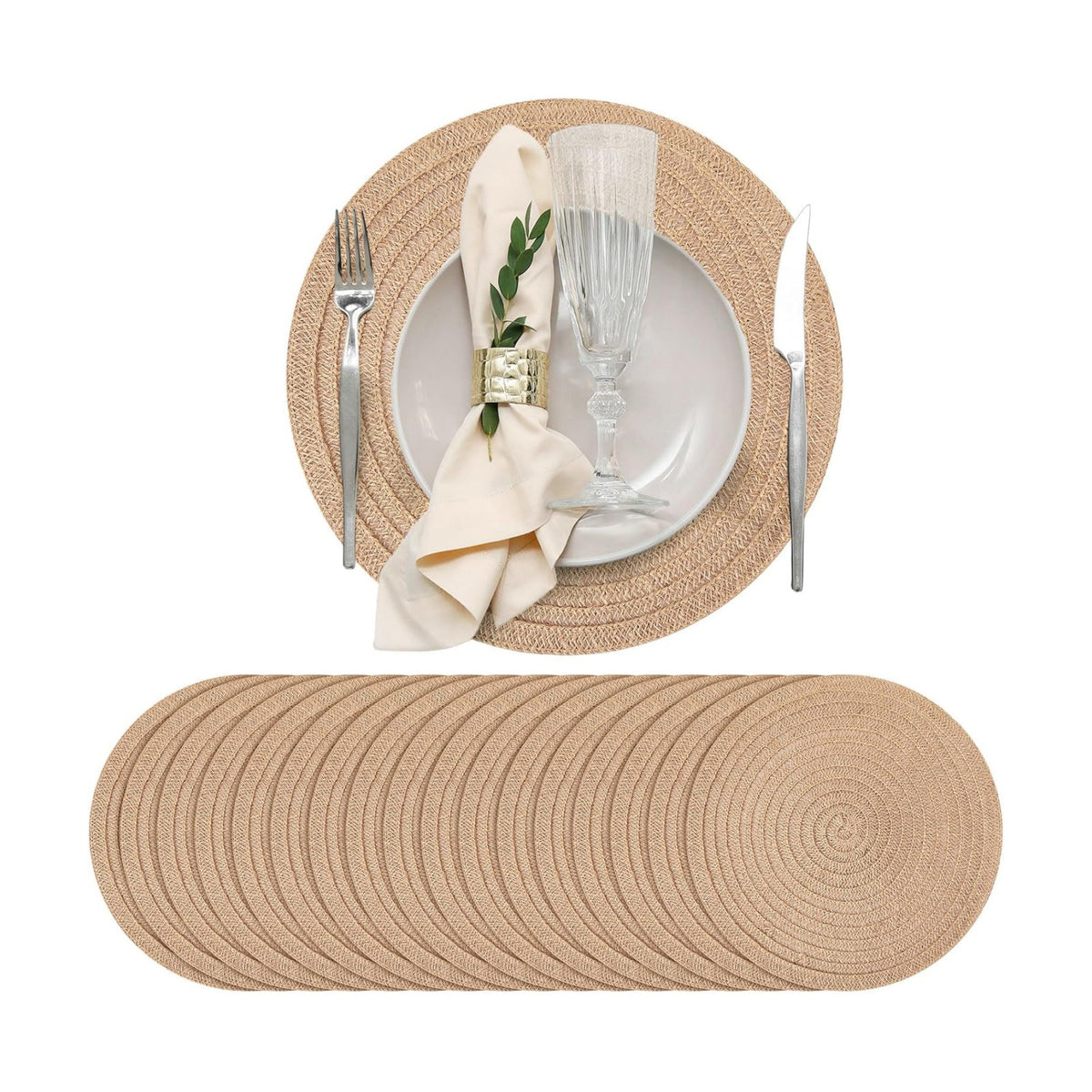 24 Pcs 13 Inch Round Burlap Woven Placemat Boho Jute Braided Charger Bulk Rustic Vintage Natural Brown Heat Resistant