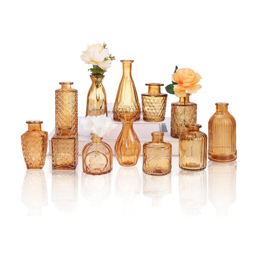 Glass Bud Vase Set / Amber / Gold / Set of 12