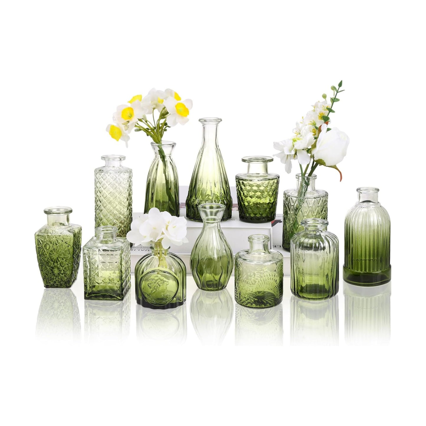 Glass Bud Vase Set / Green / Set of 12