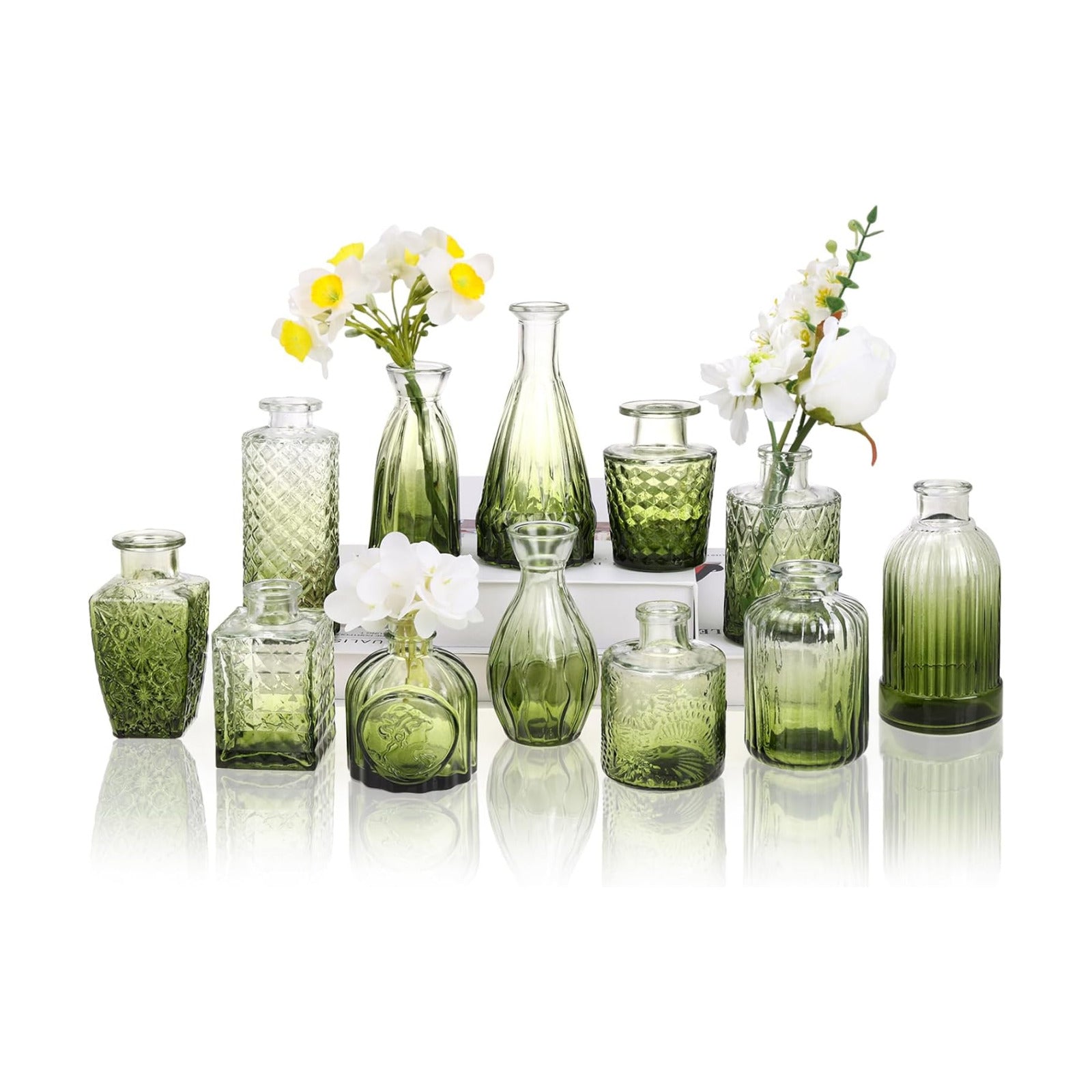 Glass Bud Vase Set / Green / Set of 12