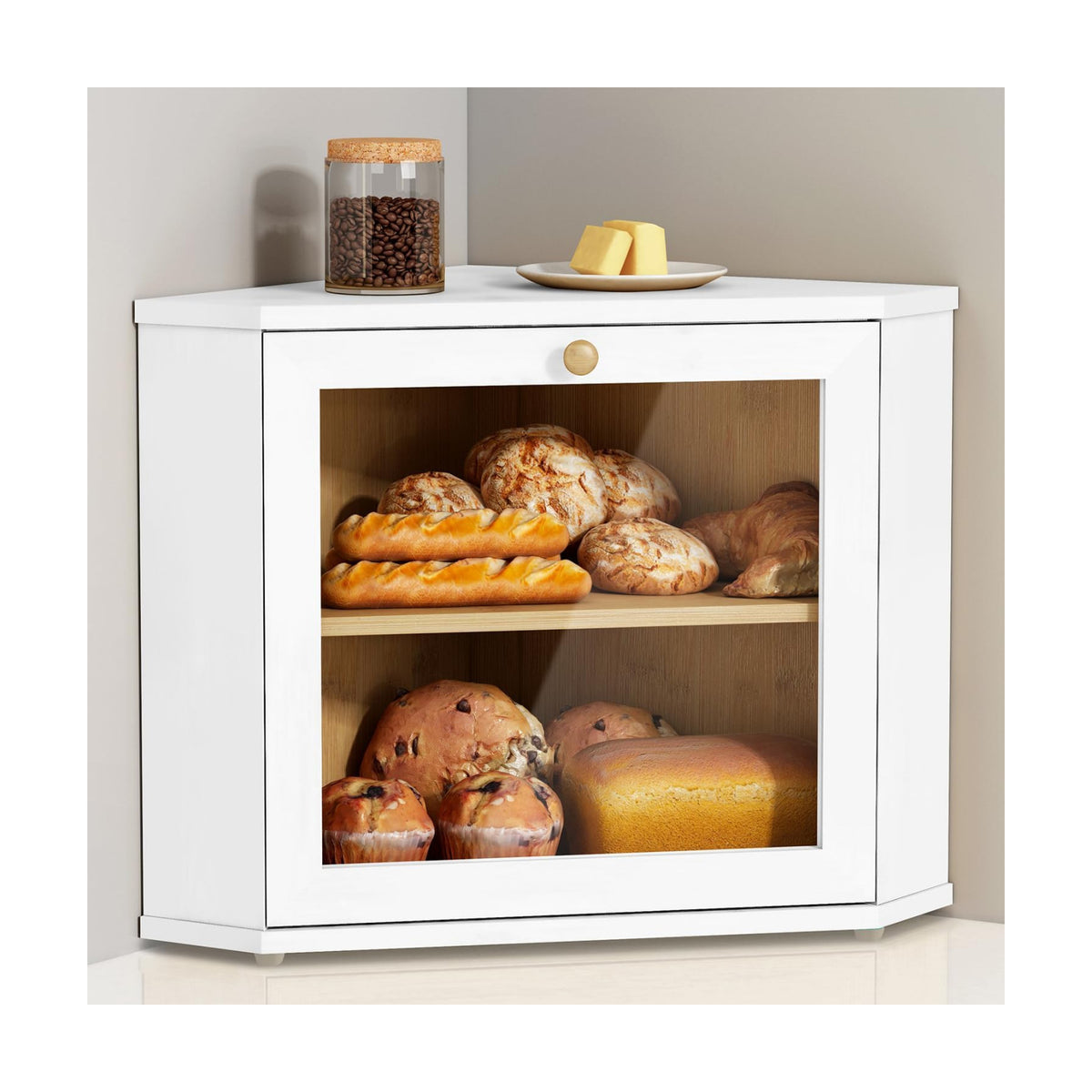 Goozii White Corner Bread Box for Kitchen Countertop, 2 Tier Breadbox for Sourdough Loaf, Modern Bread Storage