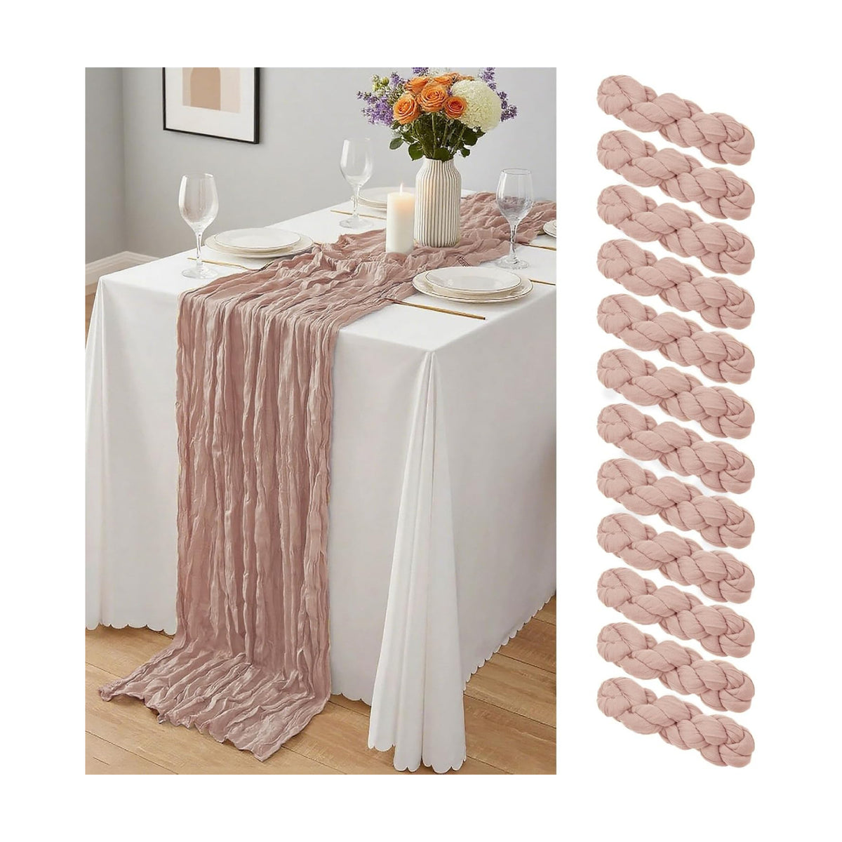 12 Pcs Dusty Pink Cheesecloth Table Runner 10Ft, Gauze Table Runners 21.5 x 120 inch,Semi Sheer Cheese Cloth Fabric Runner Bulk for Wedding,Party,Baby Shower,Bridal Shower