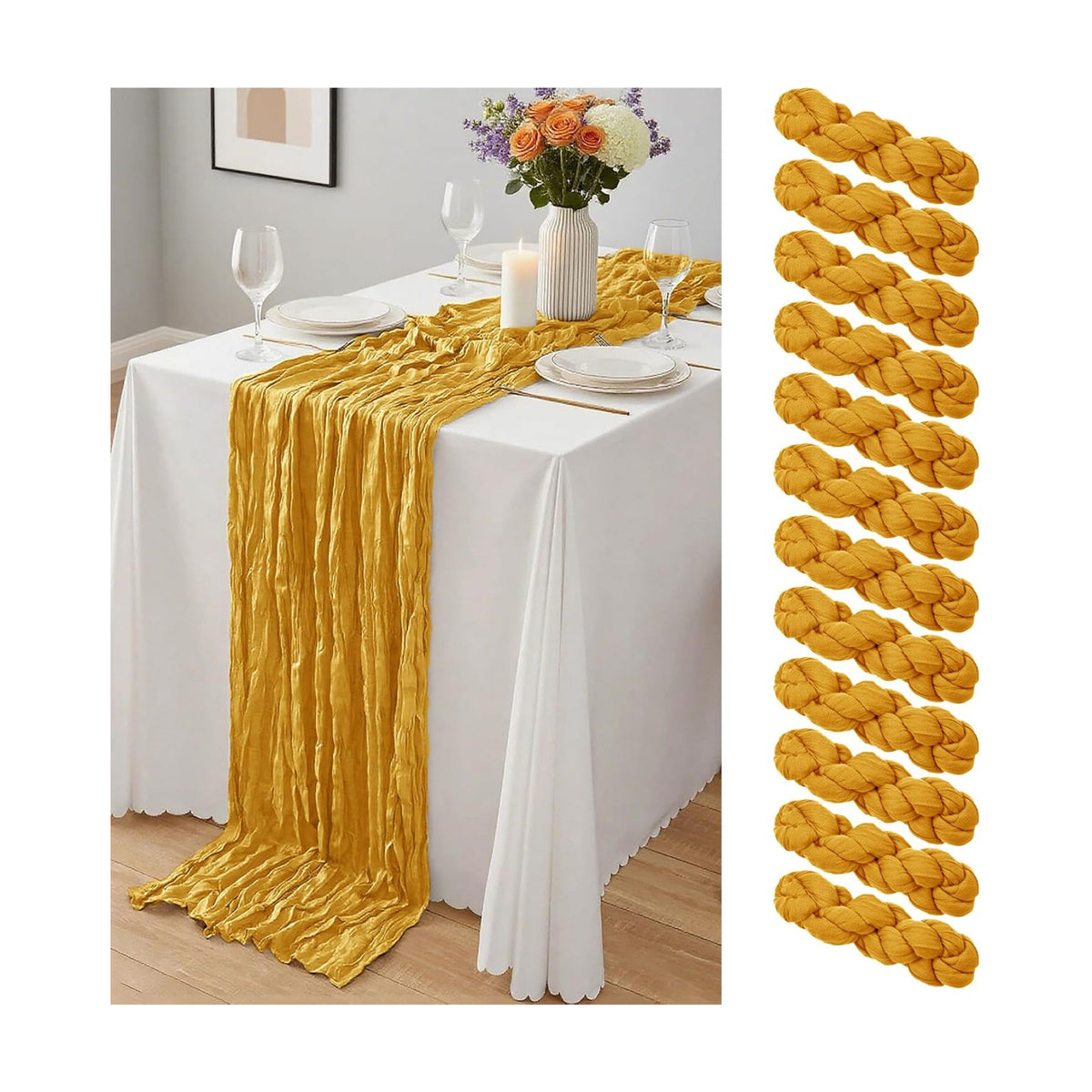 12 Pcs Gold Cheesecloth Table Runner 10Ft, Golden Yellow Gauze Table Runners 21.5 x 120 inch,Semi Sheer Cheese Cloth Fabric Runner Bulk for Wedding,Party,Baby Shower,Bridal Shower