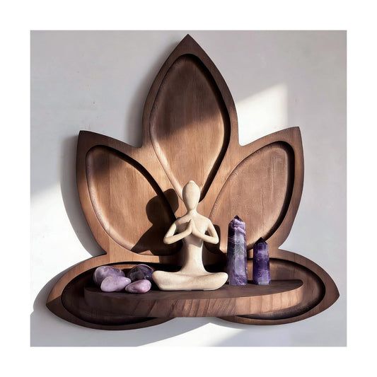 Small Carved Lotus Flower Wooden Floating Wall Shelf / Walnut