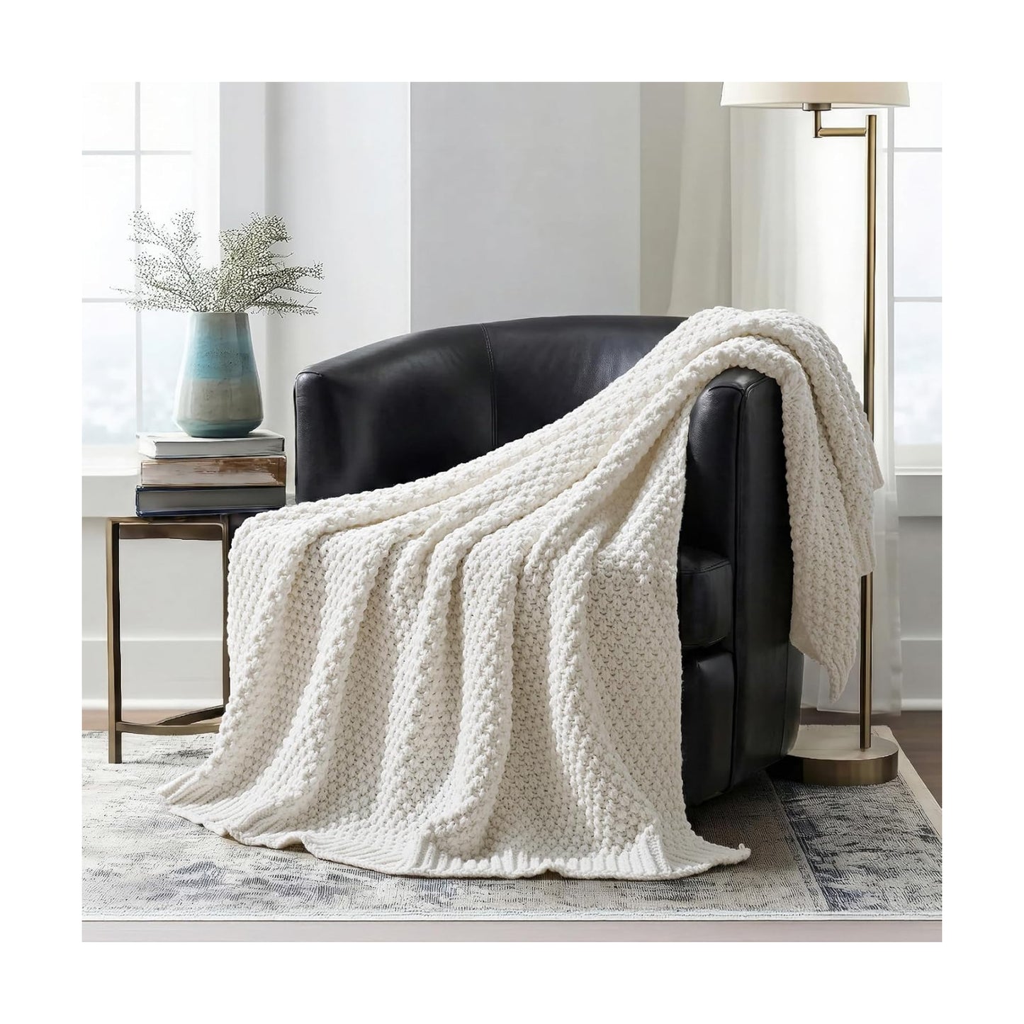 EVERGRACEHOME Chunky Chenille Knit Throw Blanket, 50 x 60, Bright White