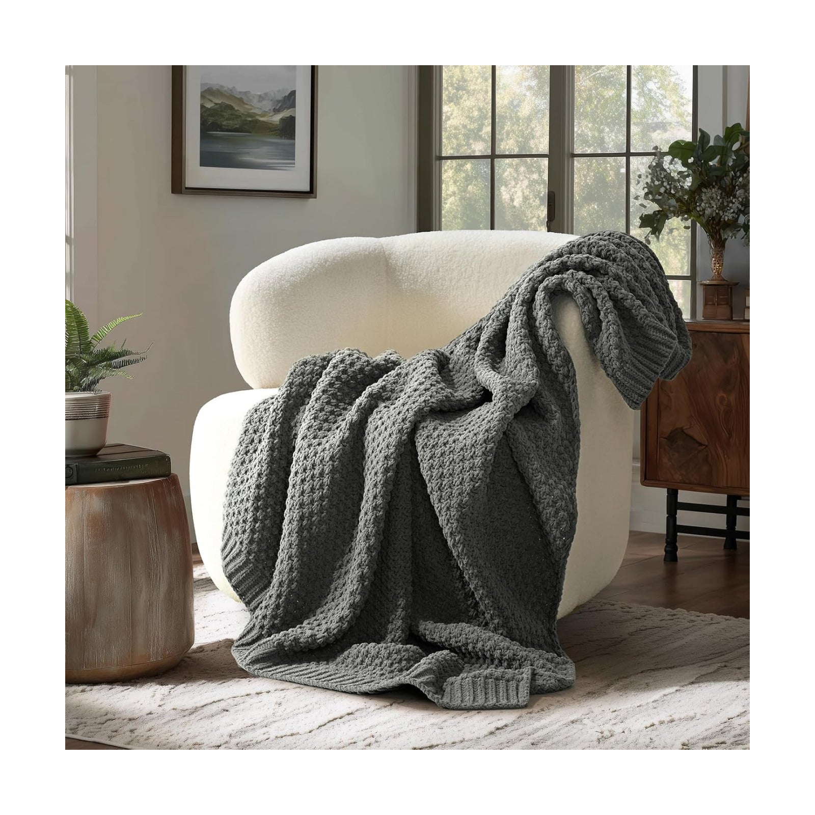 EVERGRACEHOME Chunky Chenille Knit Throw Blanket, 50 x 60, Charcoal Gray