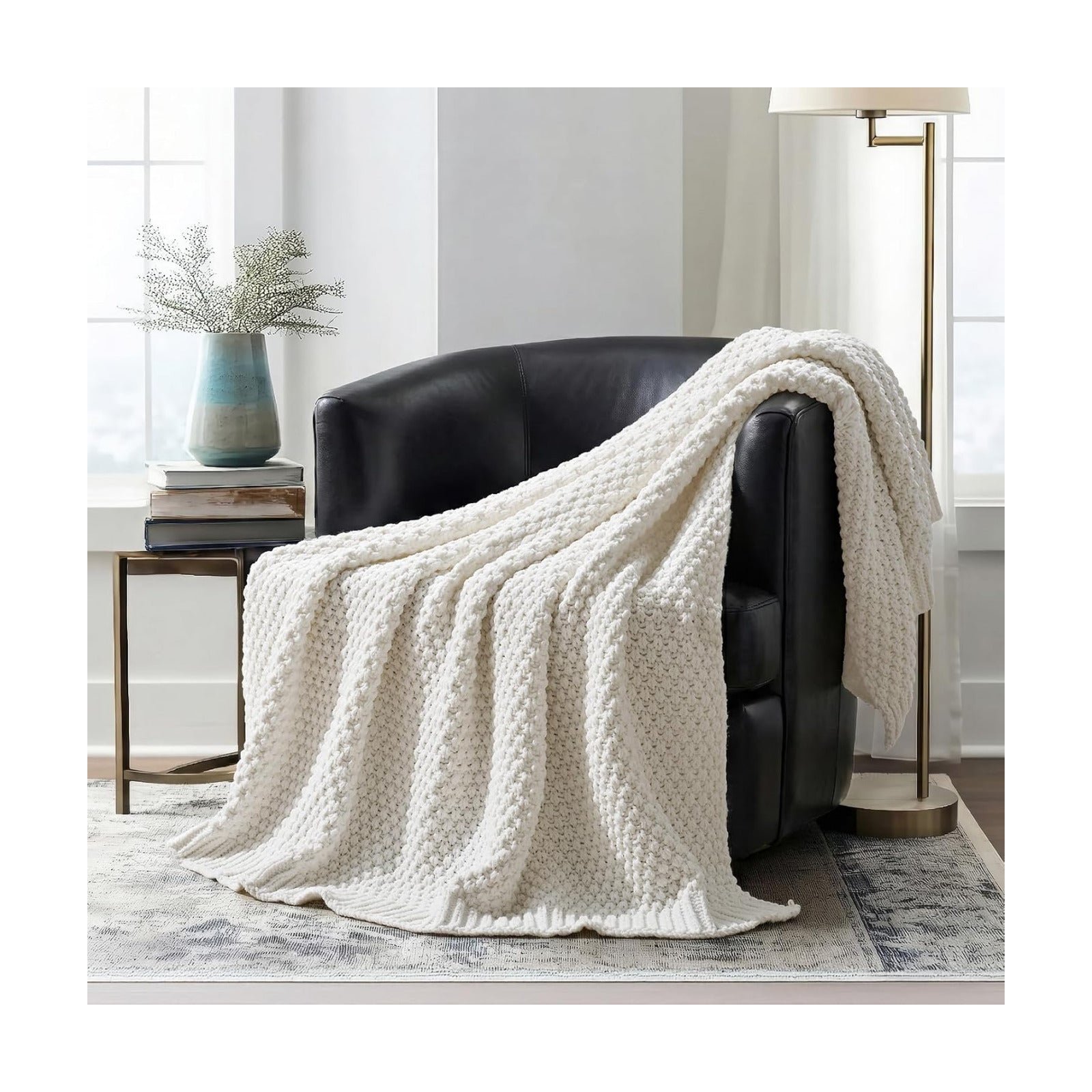 EVERGRACEHOME Chunky Chenille Knit Throw Blanket, 60 x 80, Bright White
