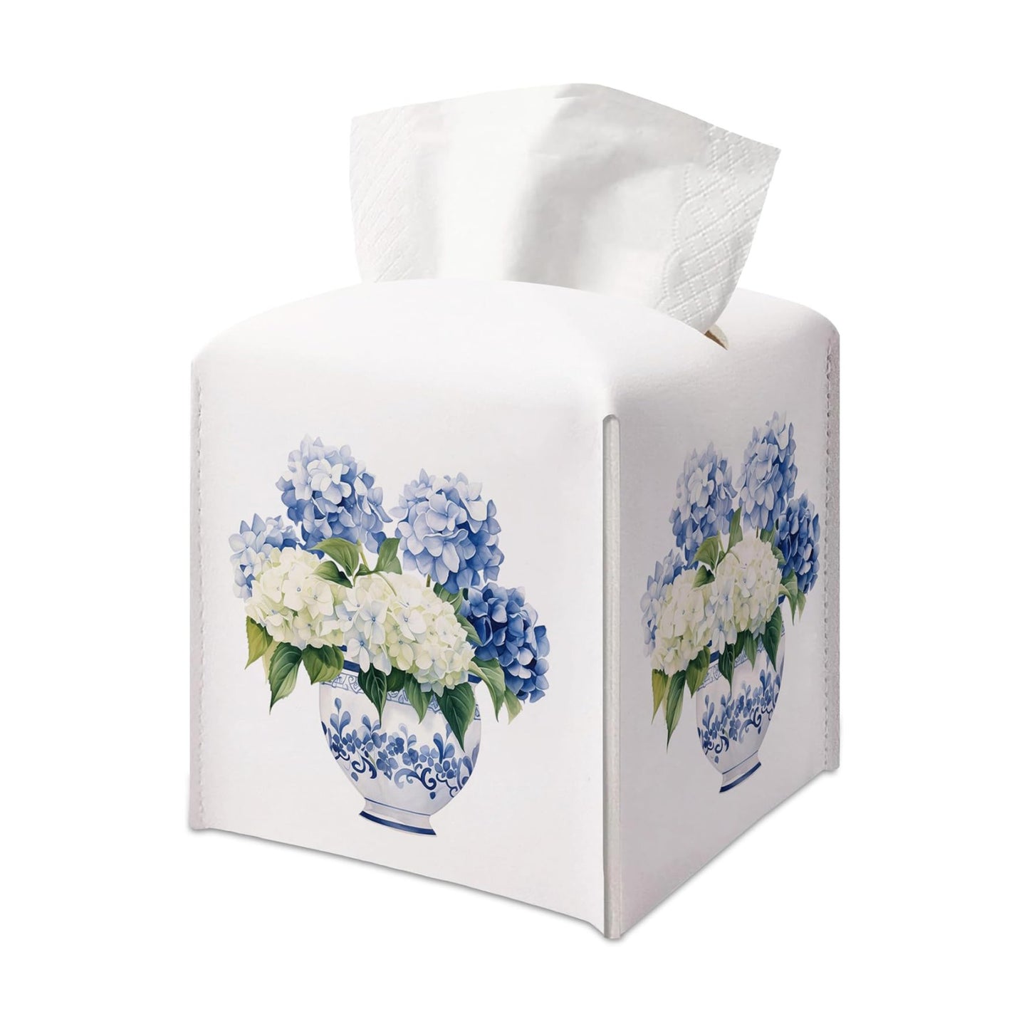 Chinoiserie and White Floral Decorative Square Faux Leather Tissue / Chinoiserie Hydrangea / Blue
