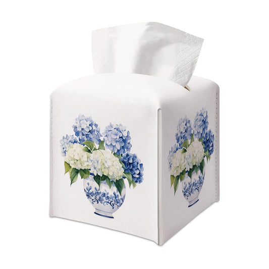 Chinoiserie and White Floral Decorative Square Faux Leather Tissue / Chinoiserie Hydrangea / Blue
