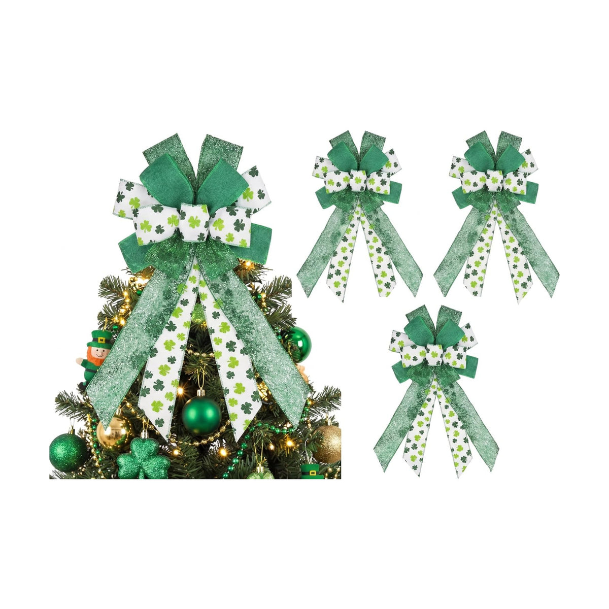 Suncalla 4 Pack Large Spring Bows for Wreath 21x11 Inch Green Shamrock Tree Topper Bow Clover Burlap Bowknot Holiday Crafts with Wired Edge for Basket Front Door Wall Outdoor Decor Ornament