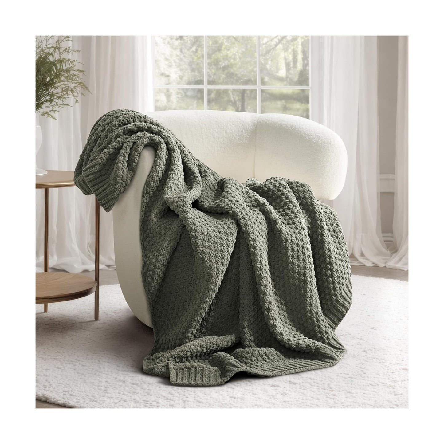 EVERGRACEHOME Chunky Chenille Knit Throw Blanket, 60x80, Dried Thyme Green
