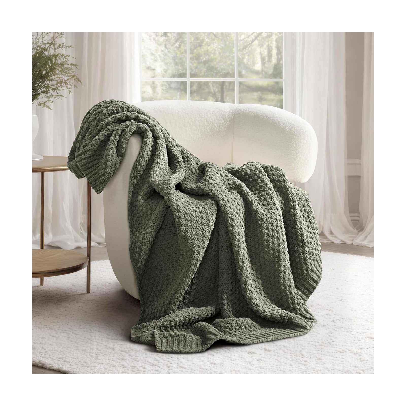 EVERGRACEHOME Chunky Chenille Knit Throw Blanket, 50x60, Dried Thyme Green