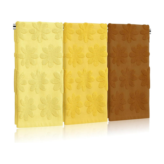 Whaline 3Pcs Summer Sunflower Hand Towels 3D Jacquard Cotton Towel Absorbent Yellow Brown Floral Bathroom Decor Towels for Spring Kitchen Bathroom, 13.8 x 29.5 Inch