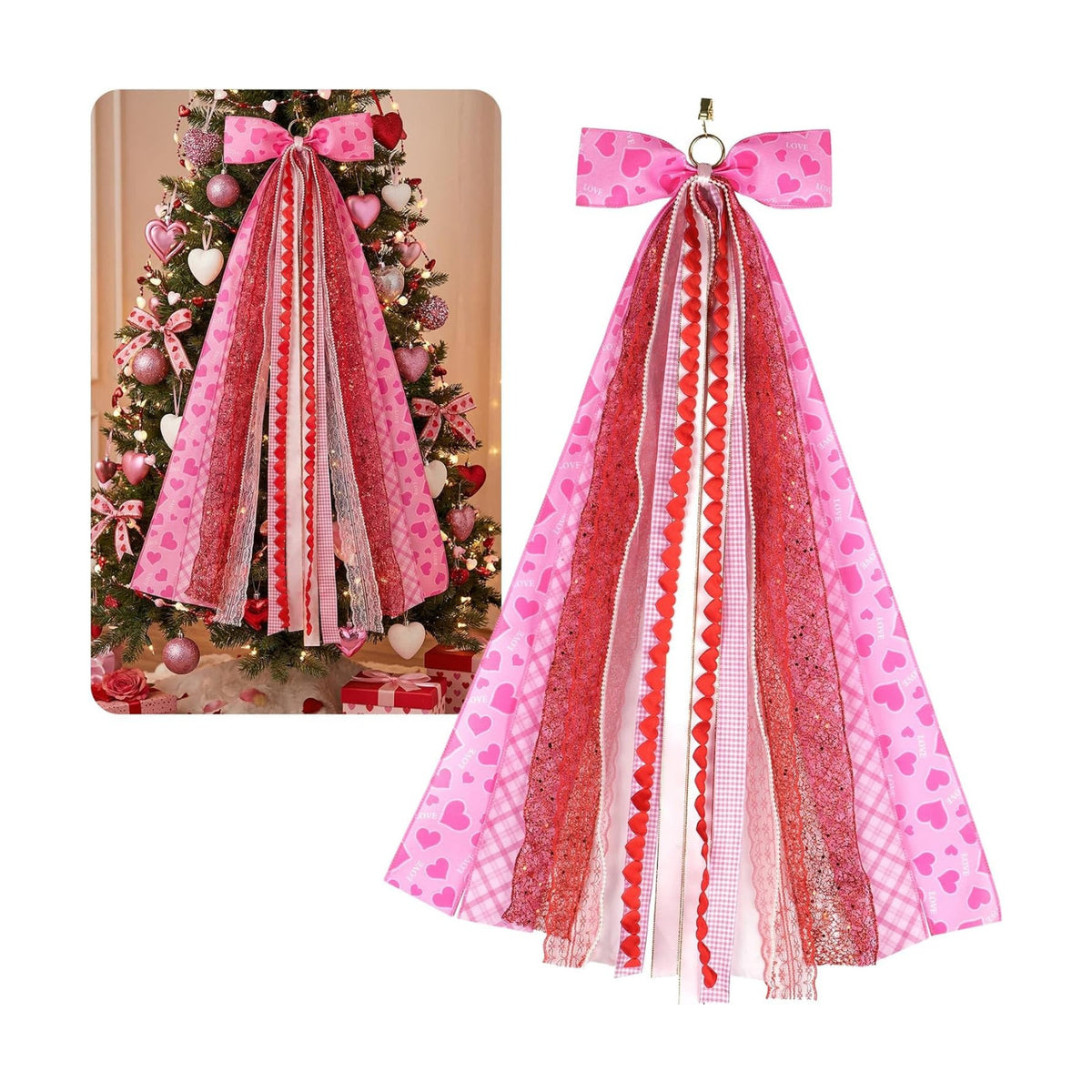 Valentine's Day Wreath Sash for Door, Large Bow Decoration with Metal Clip, 9 Ribbon Swag for Wreath, Front Entry, Fireplace, Fence - Pink Red Love Heart Bow Valentine Decor