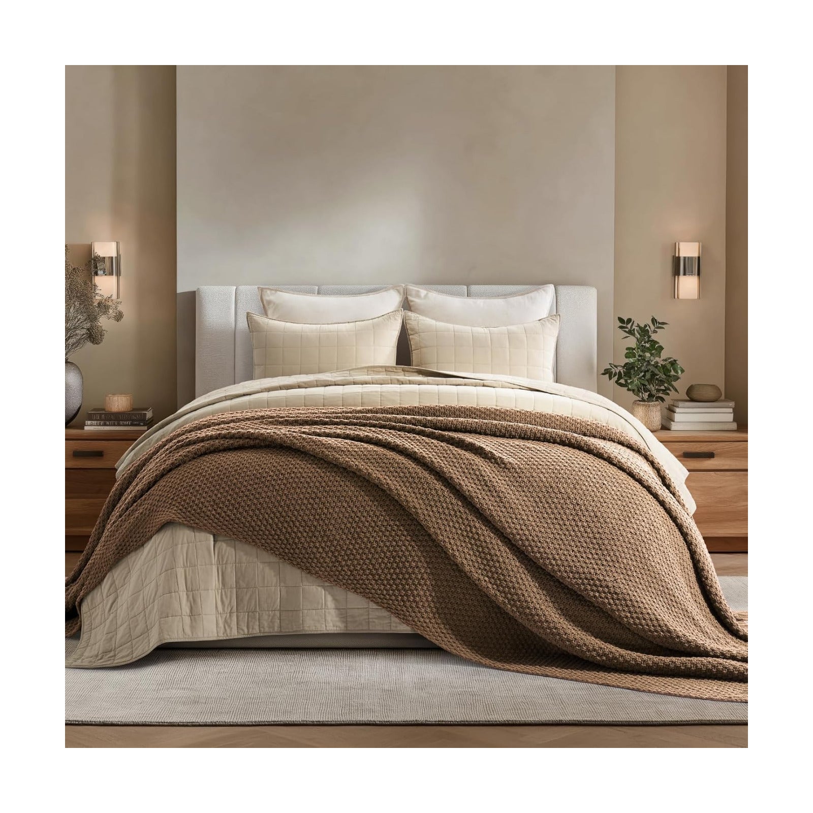 EVERGRACEHOME Chunky Chenille Knit Throw Blanket, 90 x 90, Camel Brown