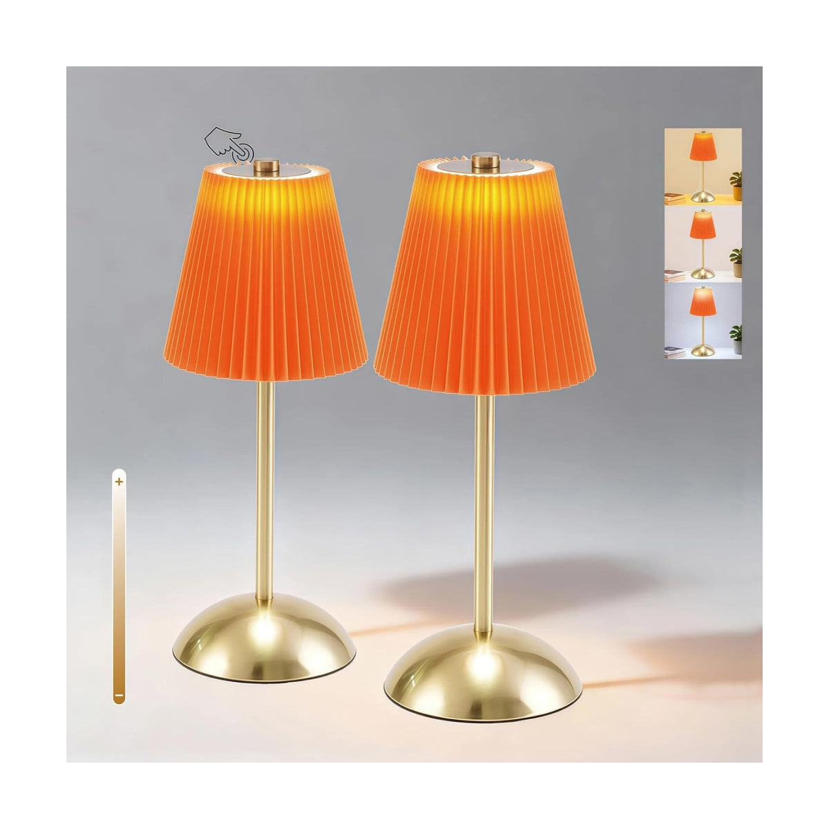 Set of 2 Orange LED Table Lamps, Mini Cordless Lamps Rechargeable | Small Wireless Table Lamp, Stepless Dimming Battery