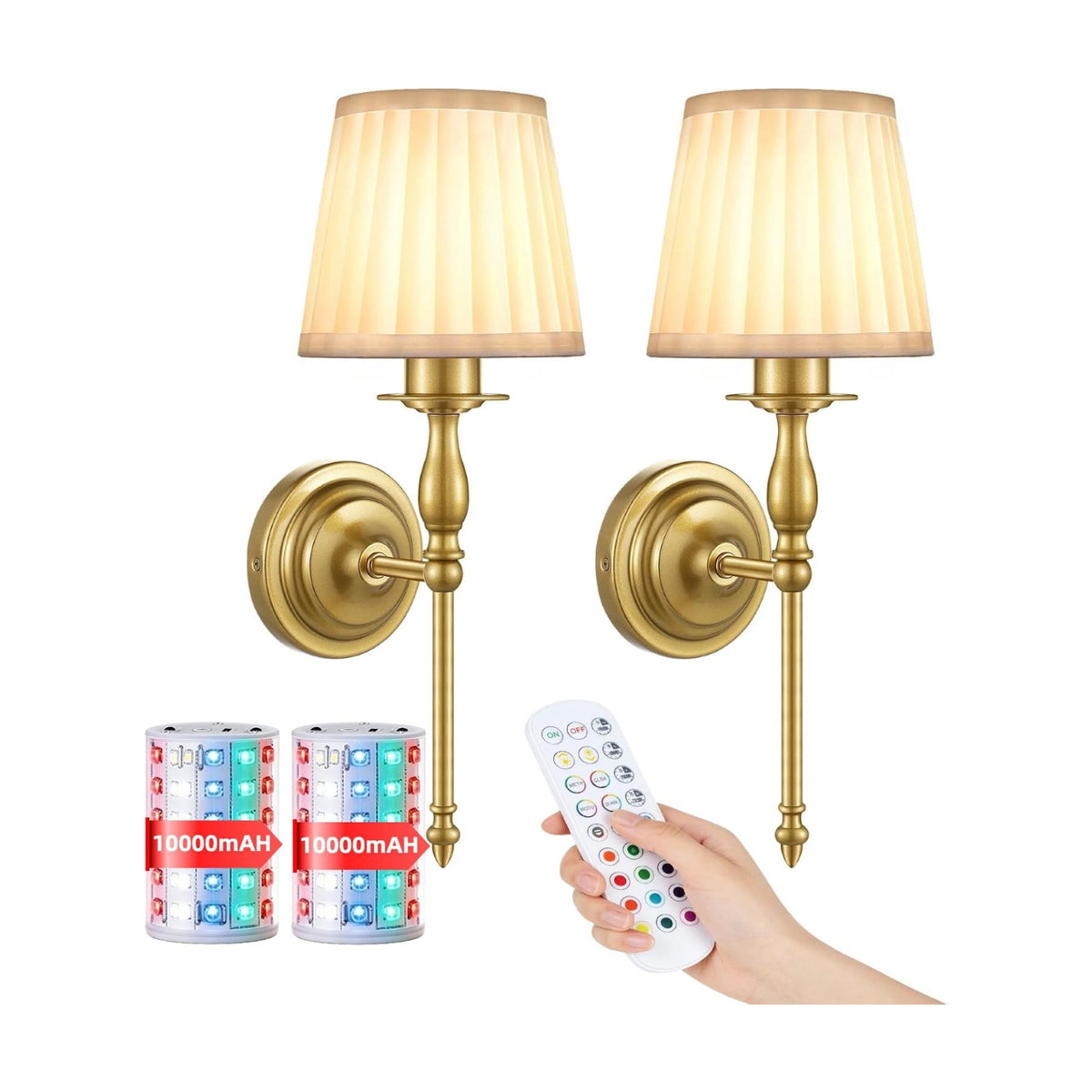 10000mAh Battery Operated Wall Sconce Set of 2,Rechargeable Wall Sconces set of Two,Vintage Gold Sconces Wall