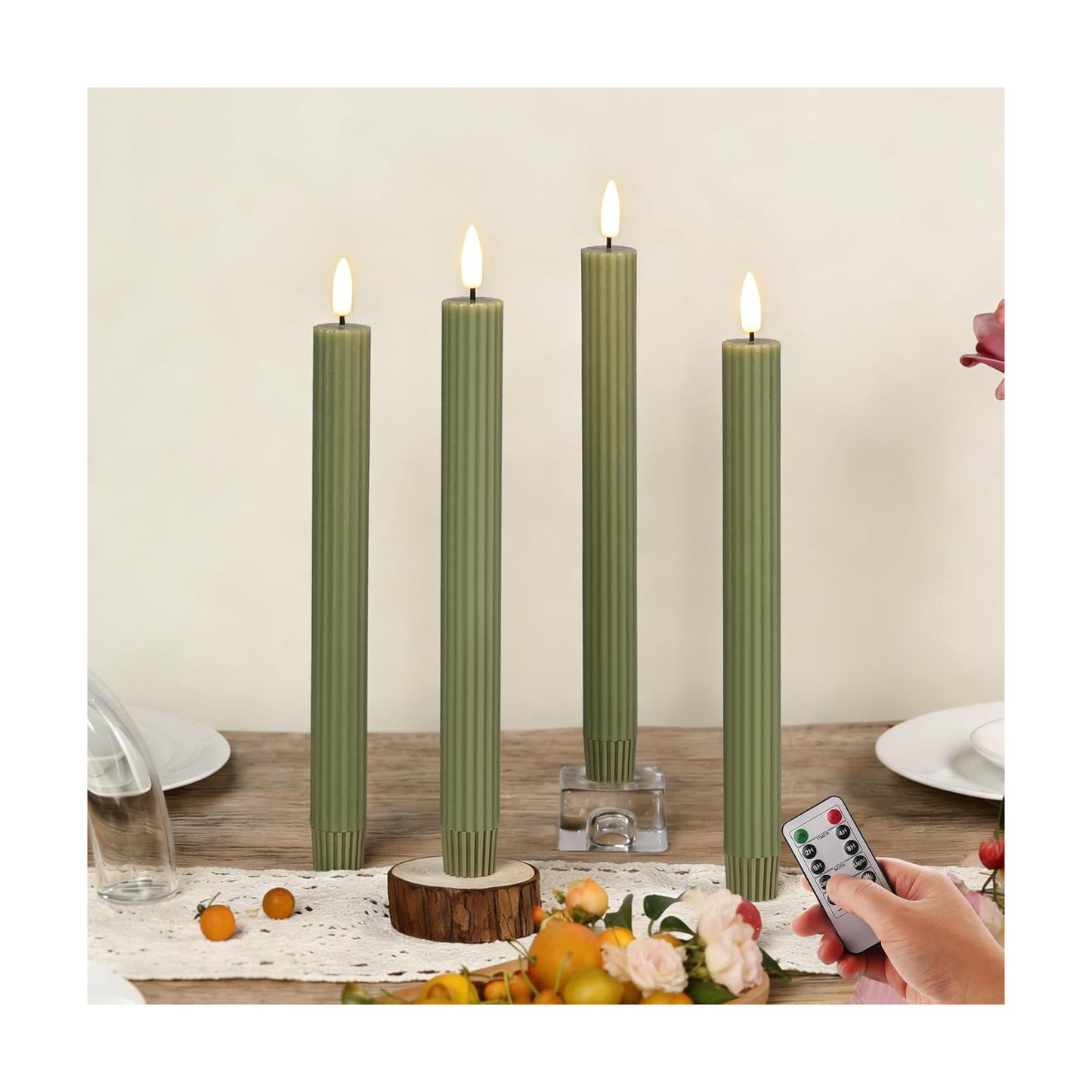 Ribbed Fluted Flameless Taper Candles / Olive Green / Set of 4