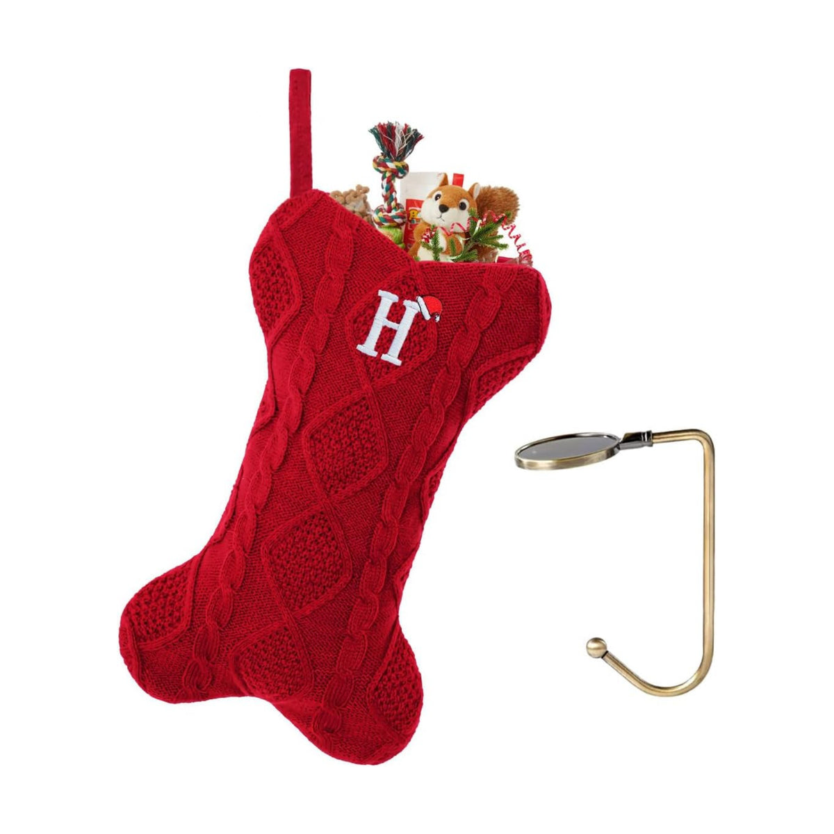 Christmas Stockings with Initials, Letter H Pet Cat Dog Name Bone Shape Knitted Xmas Stockings, Christmas Party Fireplace Family Hanging Stocking Decorations(1 Pack, Red)