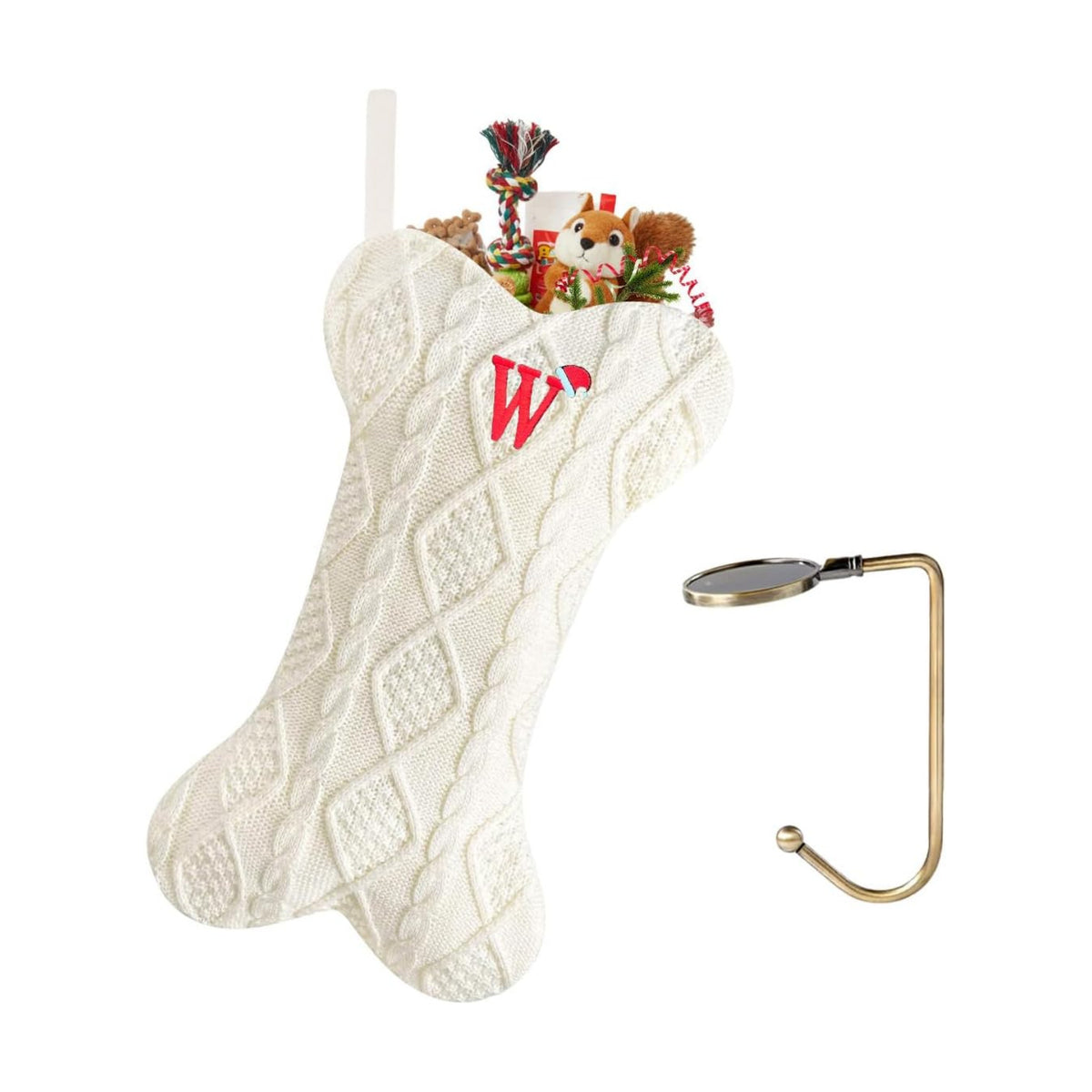 Christmas Stockings with Initials, Letter W Pet Cat Dog Name Bone Shape Knitted Xmas Stockings, Christmas Party Fireplace Family Hanging Stocking Decorations(1 Pack, White)