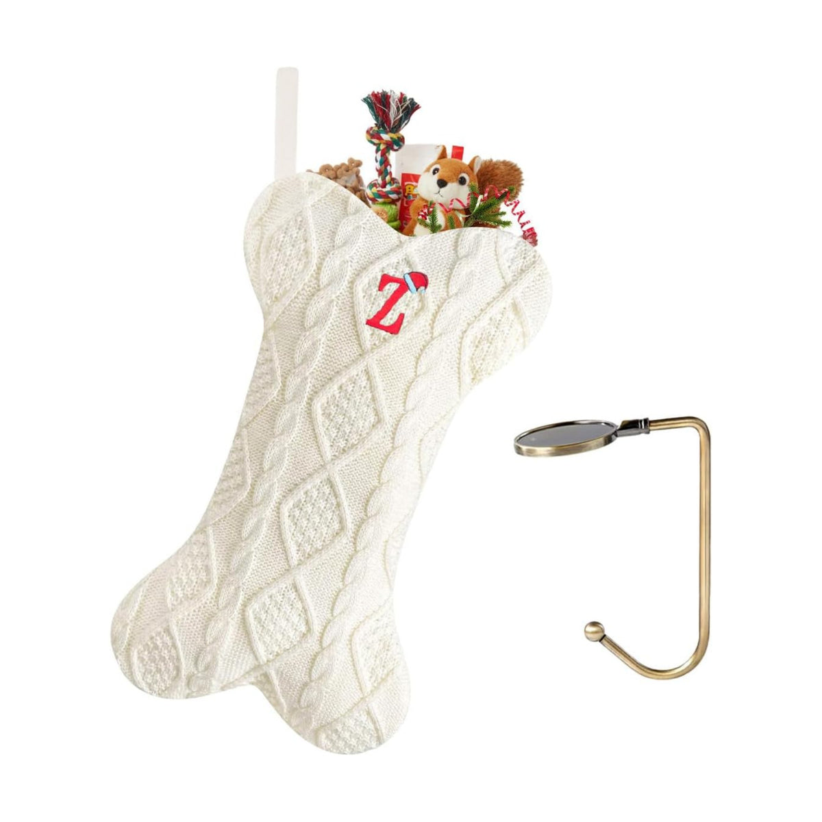 Christmas Stockings with Initials, Letter Z Pet Cat Dog Name Bone Shape Knitted Xmas Stockings, Christmas Party Fireplace Family Hanging Stocking Decorations(1 Pack, White)