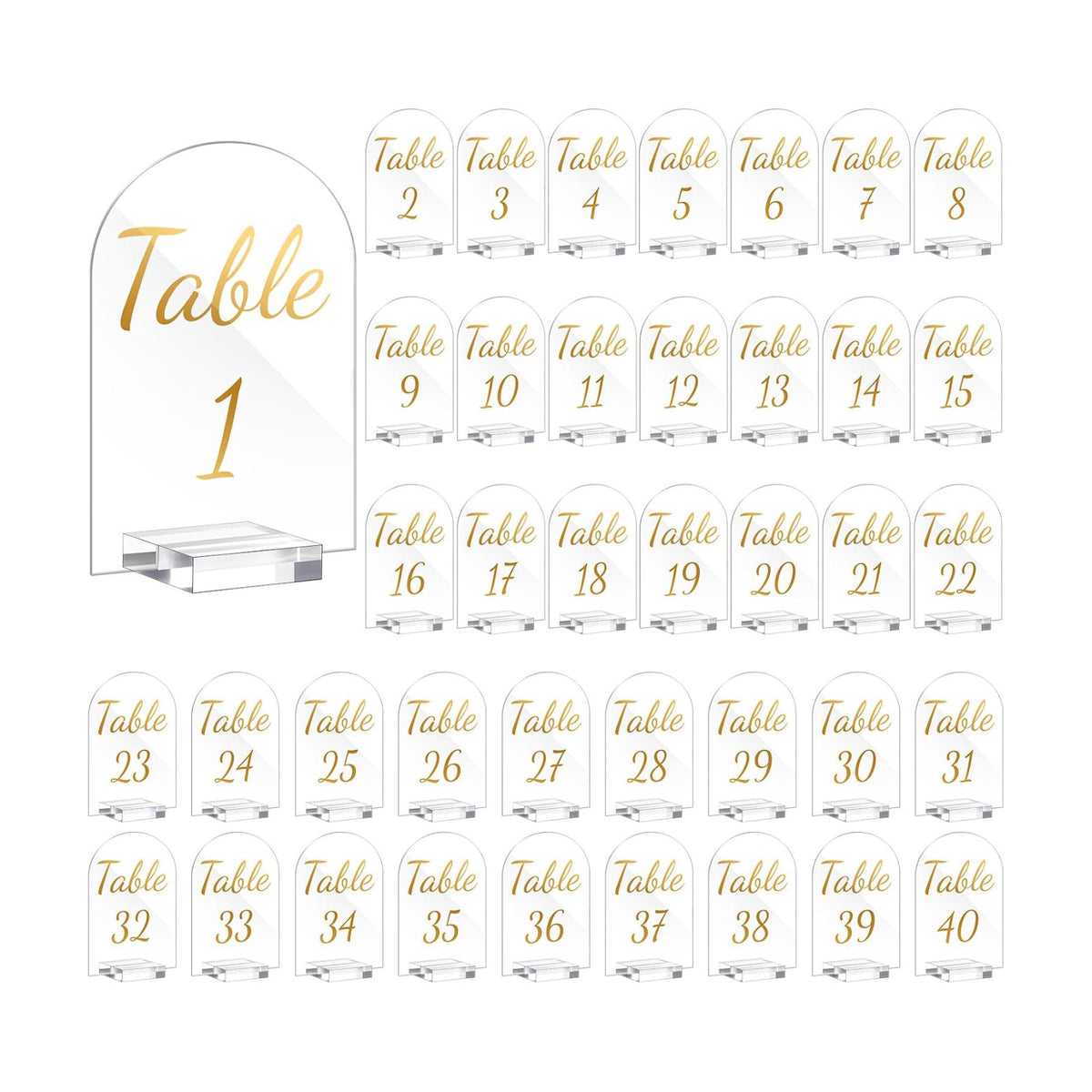 Qunclay 40 Pack 5 x 7 Inch Gold Acrylic Wedding Table Number 1-40 Clear Table Stand with Numbers Calligraphy Number