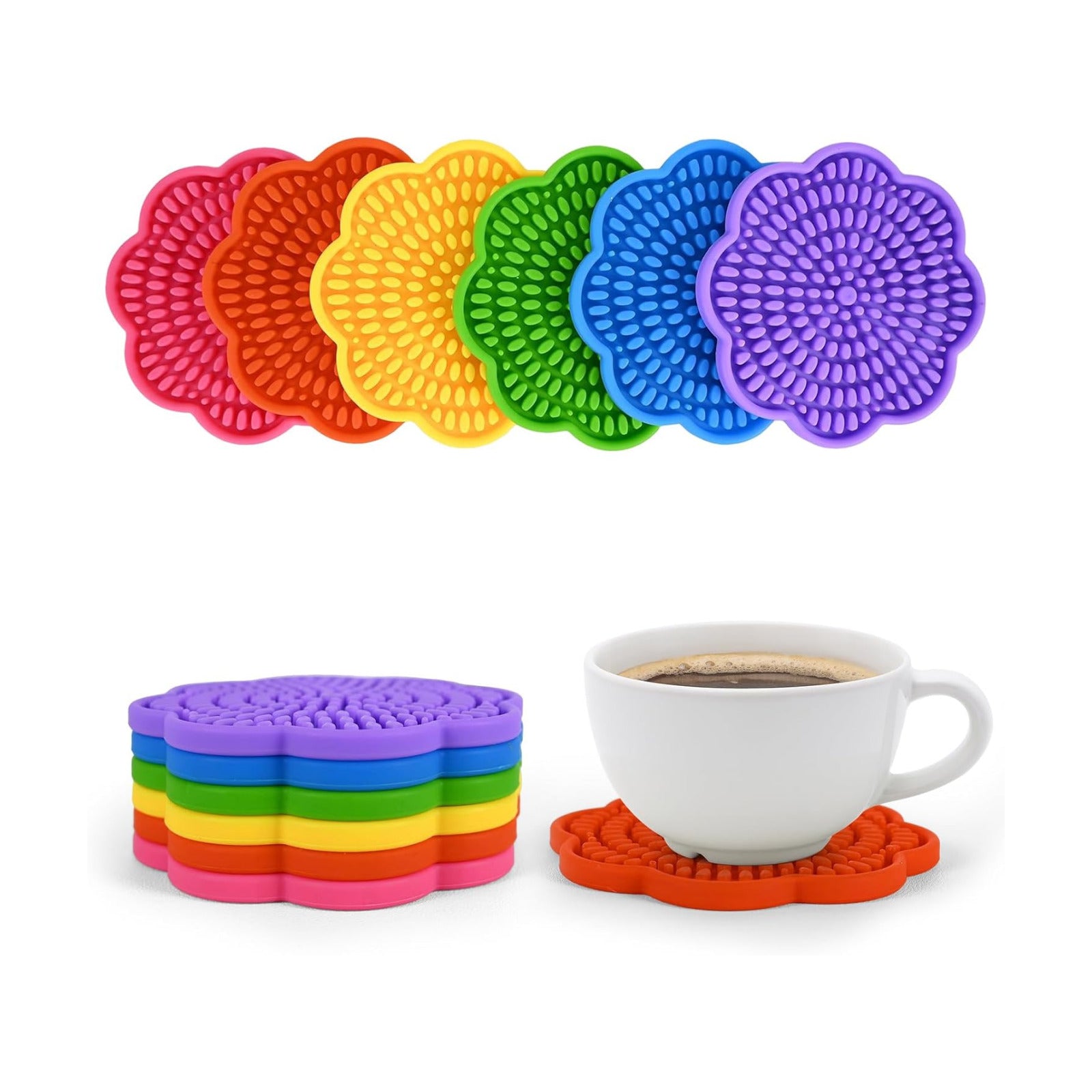 Colorful Silicone Coasters for Drinks Absorbent Scalloped Rainbow Coaster / 4.3 Inch / Set of 6