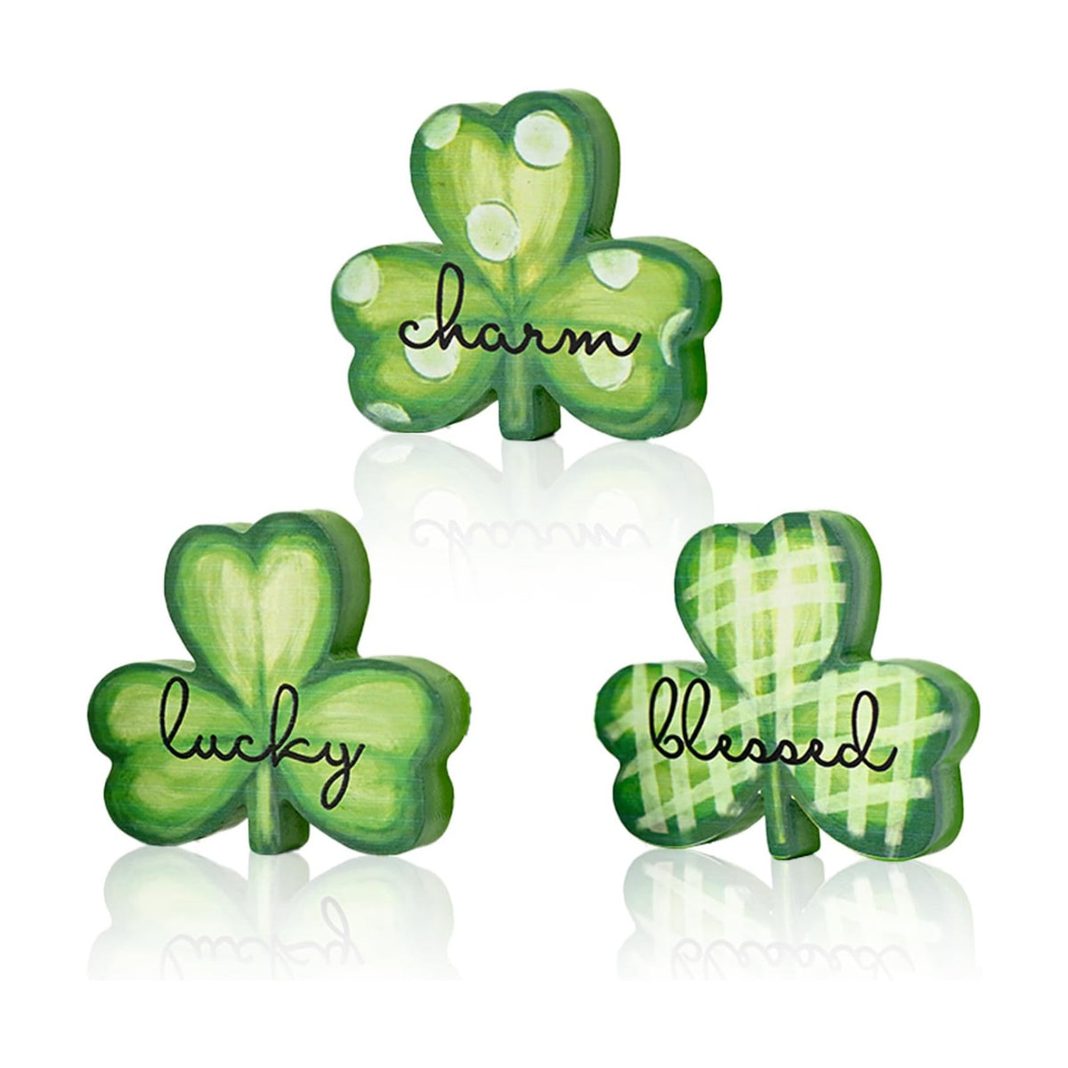 Smile St.Patrick's Day Wooden Shamrock Block Decor Set of 3 Lucky Blessed Charm Clover Ornaments, Tabletop Shelf Lucky Decoration