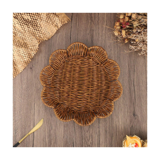 Rattan Flower Shaped Storage Bowl 11" Hand Woven Basket Tray for Bread Fruit Key Round / Natural