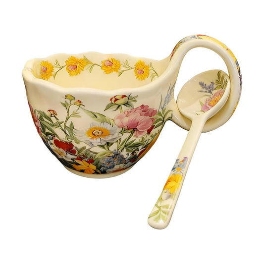 17.64 Oz Microwavable Soup Bowl / Peony - Handmade Loop Handle Soup Bowl with Spoon