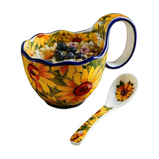 17.64 Oz Microwavable Soup Bowl / Sunflower - Handmade Loop Handle Soup Bowl with Spoon