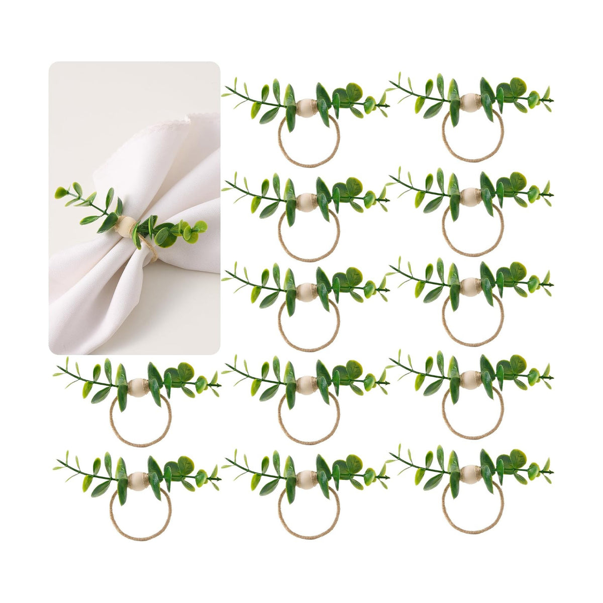 APTWOW Spring Napkin Rings Set of 12, Boho Eucalyptus Leaf Napkins Rings, Wood Bead Farmhouse Easter Napkin Holder for