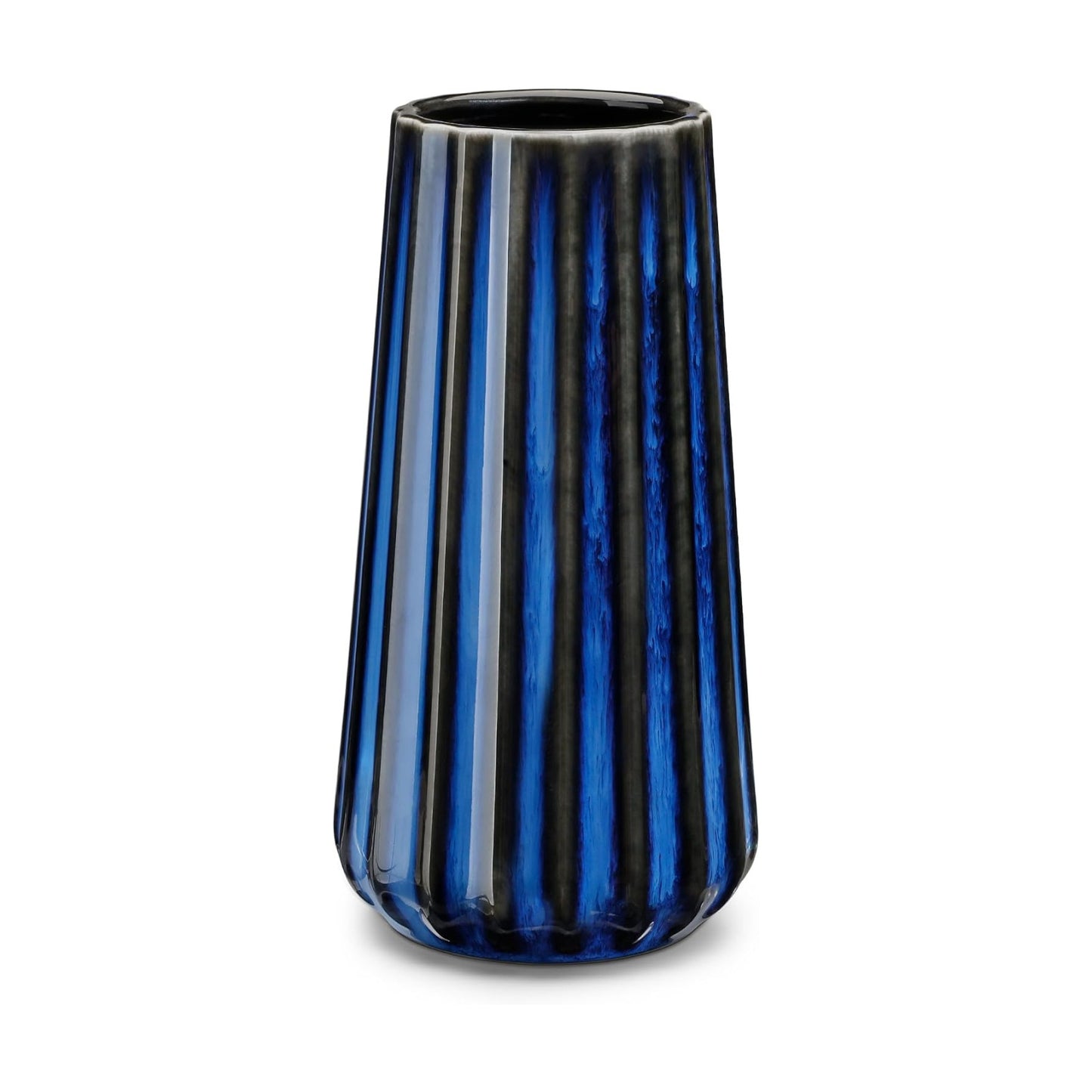 Ceramic Vase / Modern Ribbed Glossy Decorative Vase / Blue / 7.8 Inch