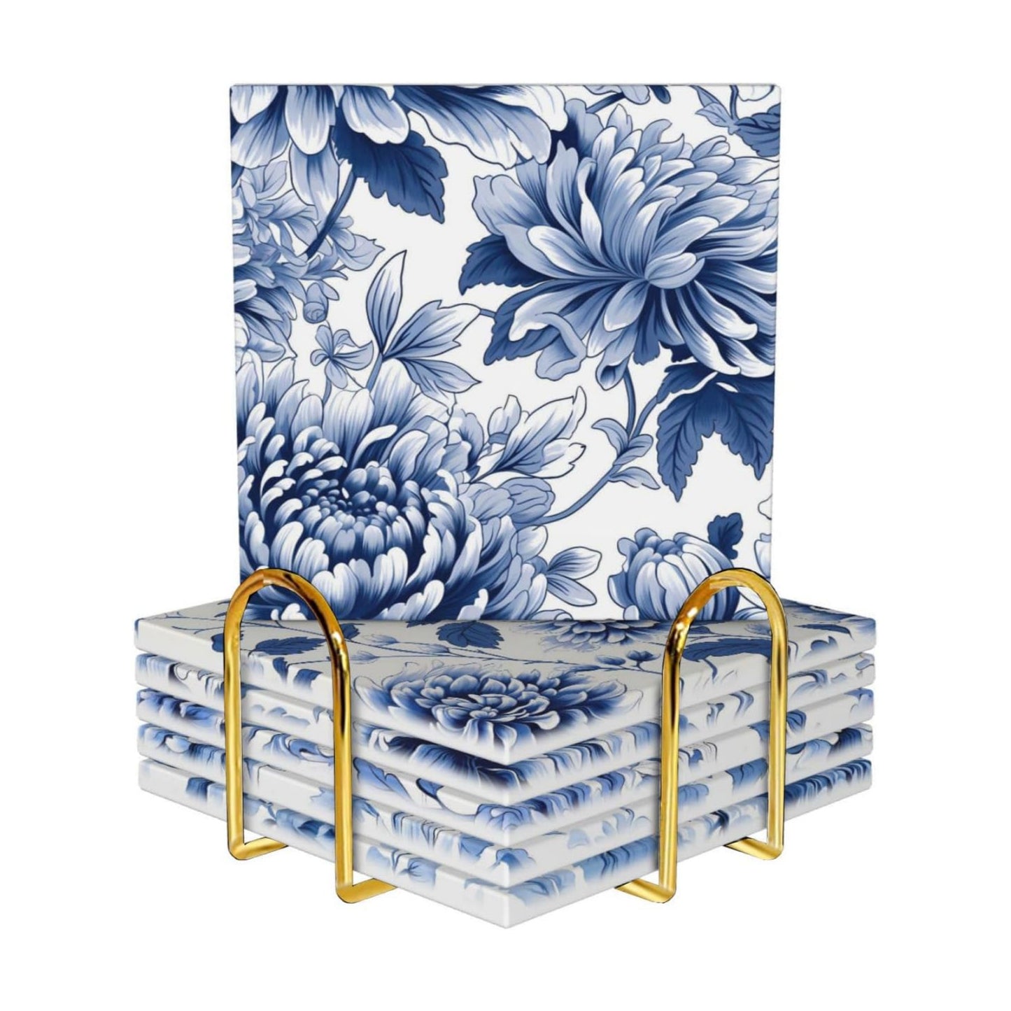 Golden Holder Cork Base / Blue Floral Square - 1 / Set of 6