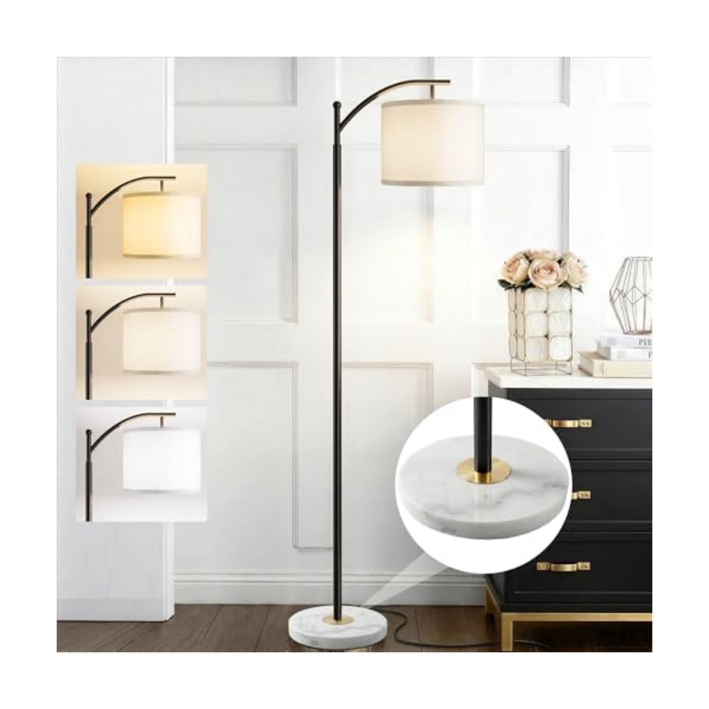 Floor Lamp for Living Room with Marble Base, Modern Standing Lamp with 3 Color Temperatures Bulb & Adjustable Linen
