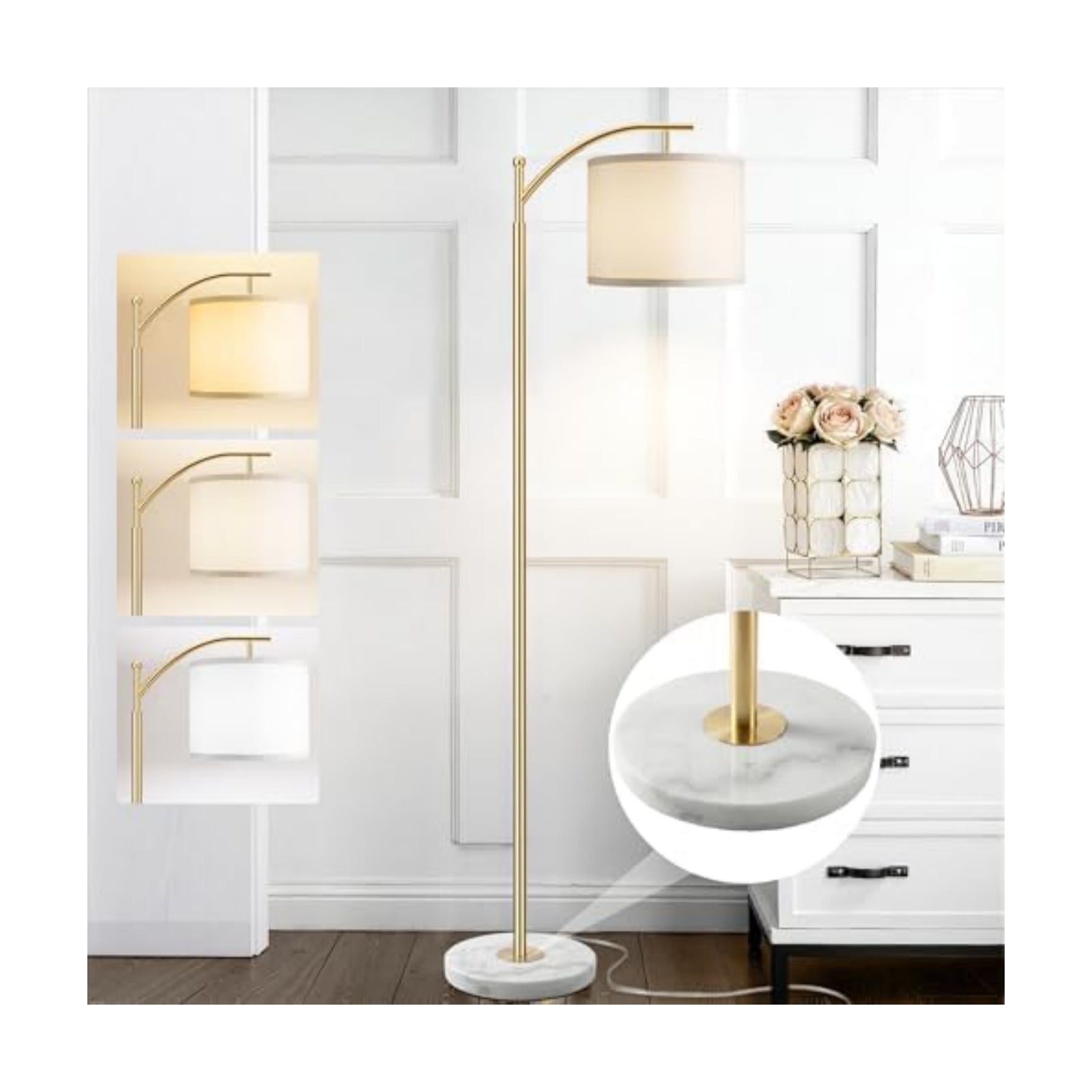 ROTTOGOON Gold Floor Lamp for Living Room with Marble Base, Modern Standing Lamp with 3 Color Temperatures Bulb &