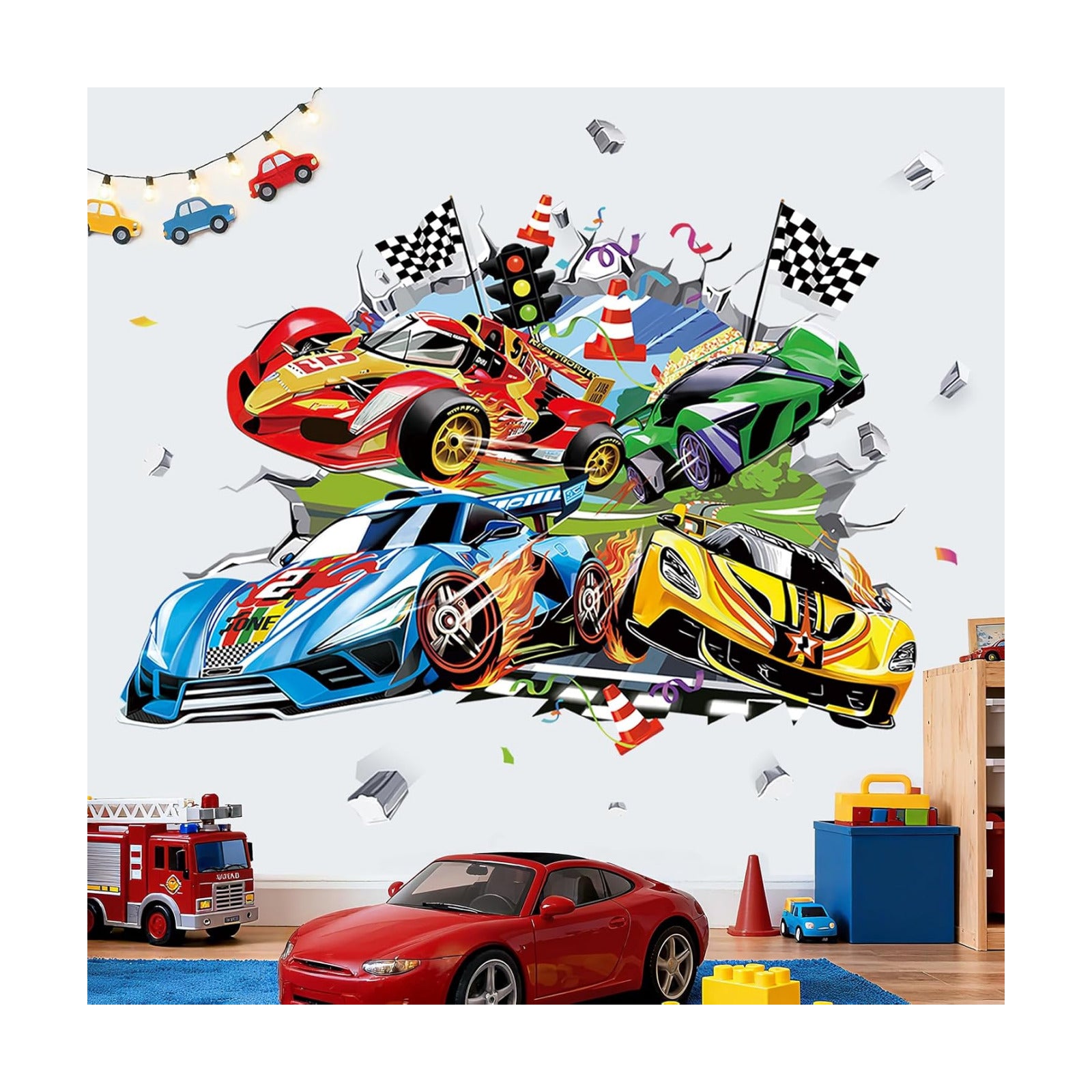 Large 3D Racing Car Wall Stickers Vehicles Break Through 4 Cars Peel and Stick Wall Art Decals