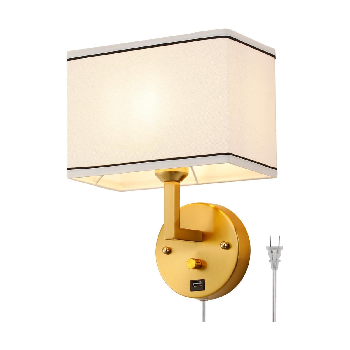 9.5" Wall Sconce with Plug-in Cord, USB Charging Port & Dimmer Switch, White Fabric Rectangular Shade Wall Mounted Lamp