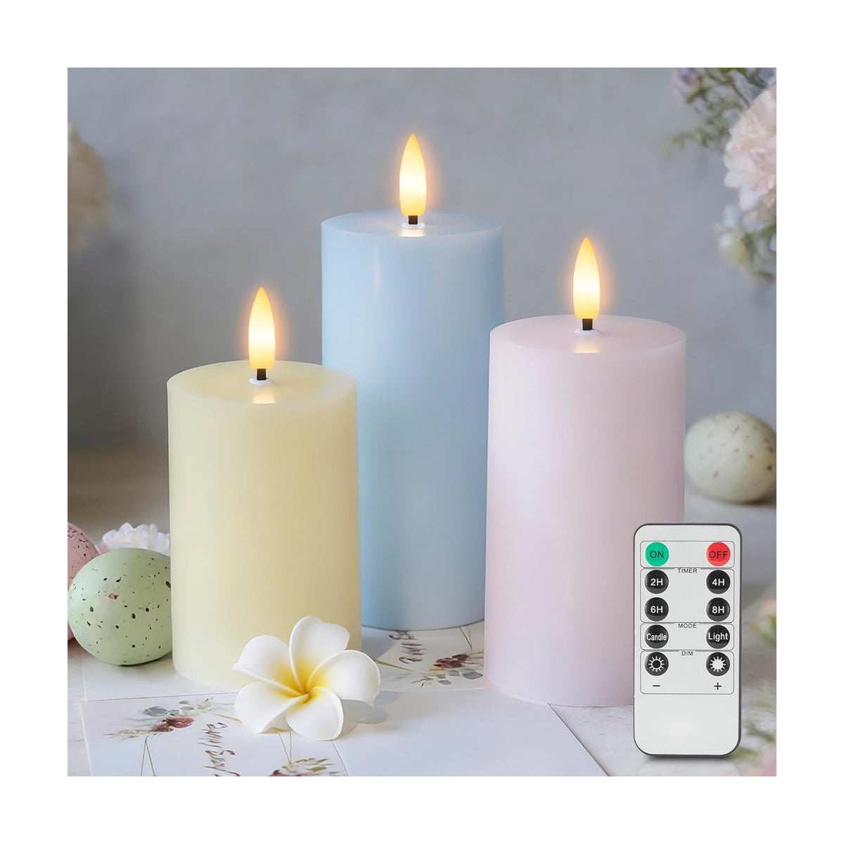 Flameless Easter Candles with Remote, Battery Operated Spring Candles | Pastel Realistic Flickering LED Pillar Candles
