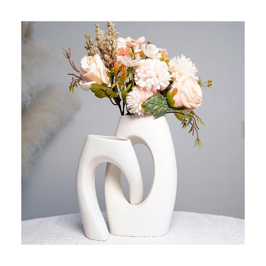 White Ceramic Vase / Champagne-colored Flowers and White Vase / Set of 2