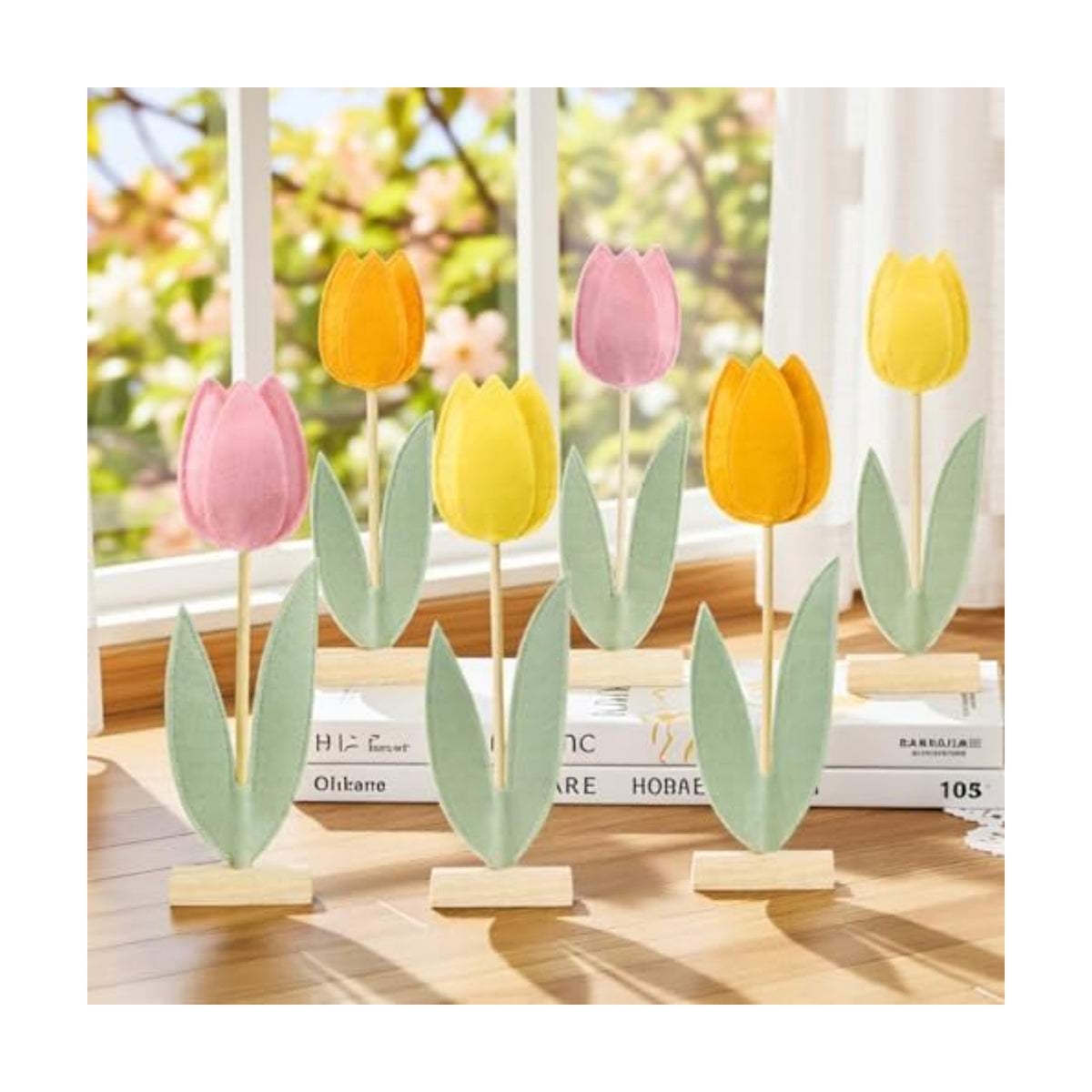 SUNBEAUTY 6Pc Tulips Flower Table Decoration Tulip Felt Centerpiece Pink Yellow Orange Mothers Day Decorations Tabletop Signs for Easter Garden Home Party Classroom Teacher Table Decor